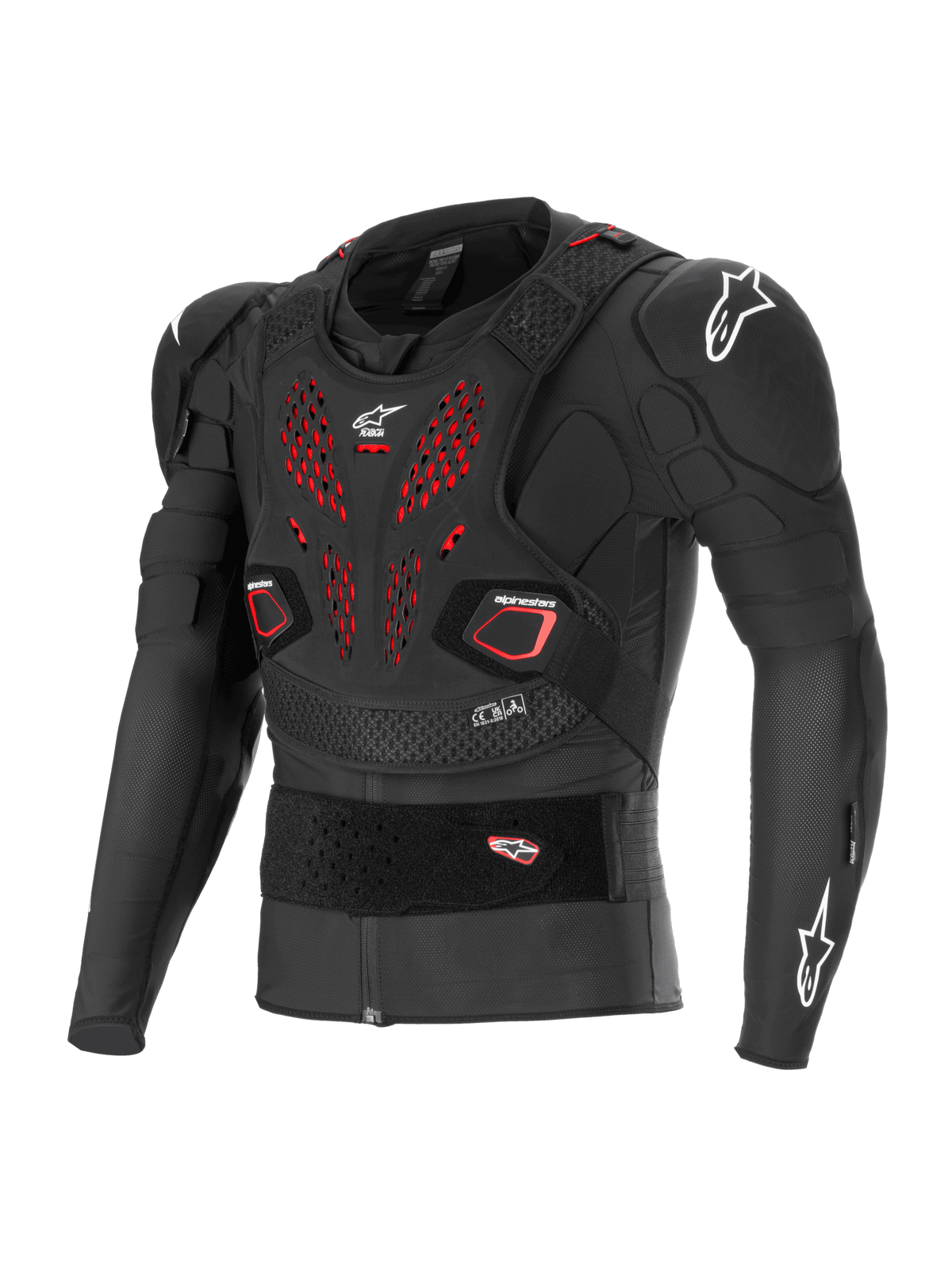 Alpinestars Bionic Pro V3 Plasma beschermingsjas, off-road motorfiets body armor, zwart met rode ventilatiedetails op de borst, witte Alpinestars-logo's op de schouders en borst, voorzien van geïntegreerde Nucleon PLASMA elleboog- en schouderbeschermers, zwevende borstplaat en verstelbare elastische tailleband, ademende mesh-constructie voor motorcross en off-road rijden