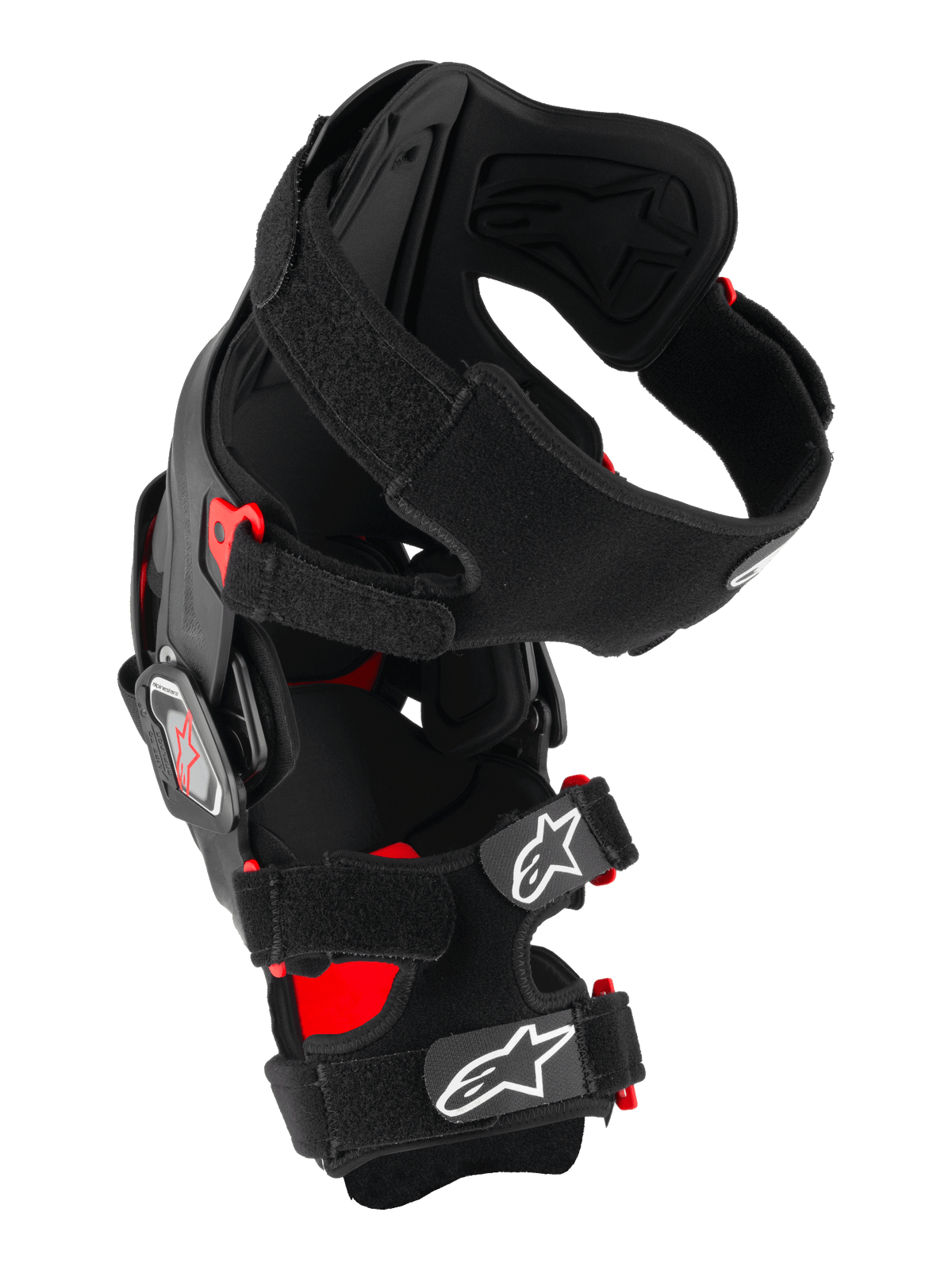 Alpinestars RK-7 Plasma Knee Brace, Motocross Knee Protector, Black and Red, side view featuring the asymmetric fiber-reinforced frame, four-point hinge system, and padded X-straps with white Astar logos