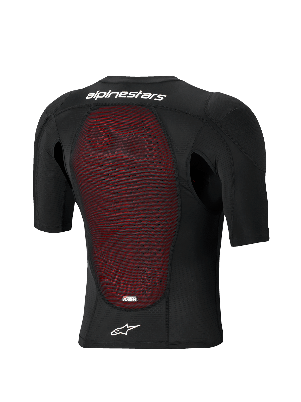 Alpinestars Bionic Plasma LT Beschermjas - Korte Mouwen, achteraanzicht, zwarte ademende mesh-constructie met rode getextureerde Nucleon PLASMA rugbeschermer, wit Alpinestars woordmerk en sterlogo, off-road en motorcross beschermende uitrusting