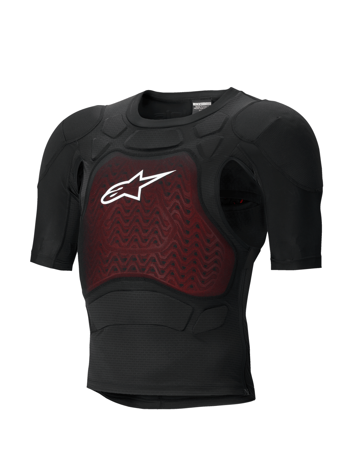 Alpinestars Bionic Plasma LT Protection Jacket - korte mouwen, zwart en rood, motorcross body armor met CE-gecertificeerde beschermende padding, lichtgewicht ademend mesh-chassis, voorzien van een rood getextureerd borstpaneel en wit Alpinestars-logo