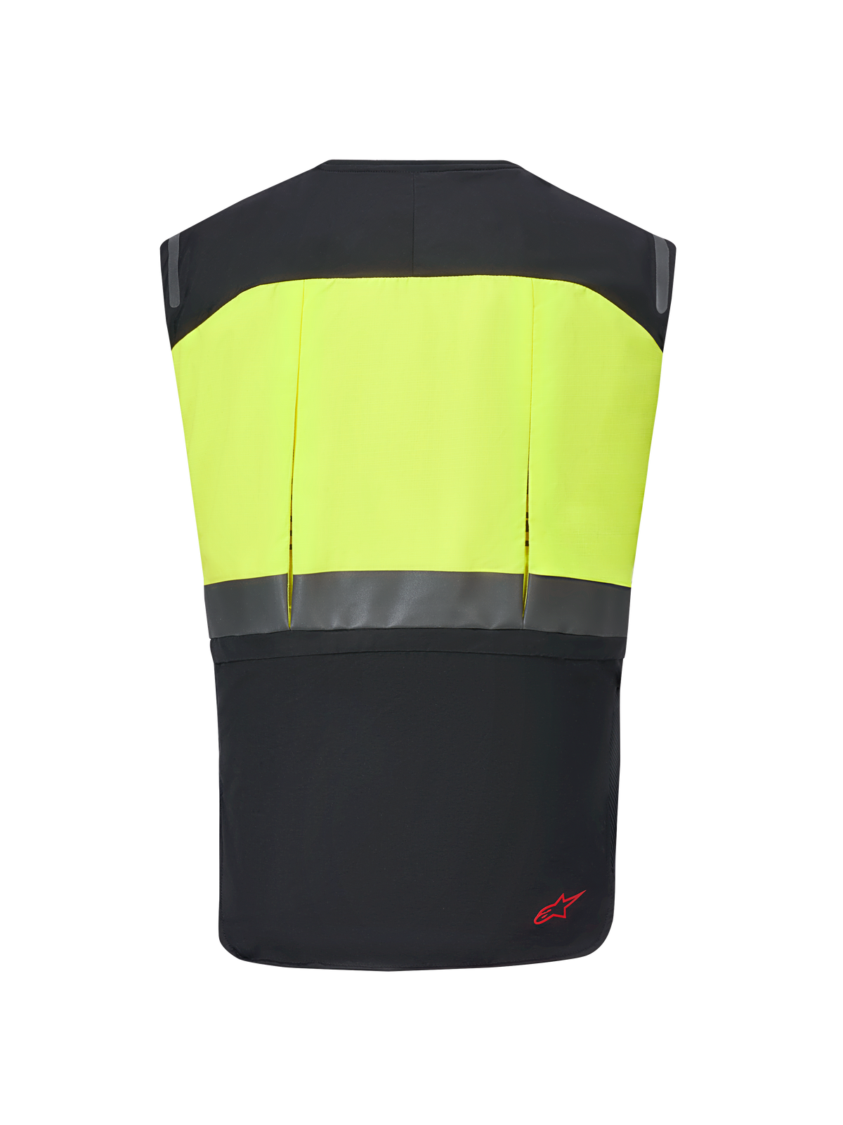 Alpinestars Tech-Air® 3 V2 Systeem, motor airbagvest, zwart en fluogeel, achteraanzicht met een opvallend geel bovengedeelte en reflecterende horizontale strip, slanke en lichtgewicht beschermende kleding voor toertochten en woon-werkverkeer