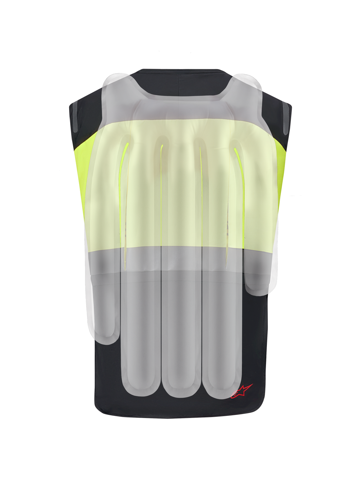 Alpinestars Tech-Air® 3 V2 Systeem, motorairbagvest, zwart en geel fluo, achteraanzicht met doorschijnende overlay die de interne airbagkamers toont voor rug- en schouderbescherming