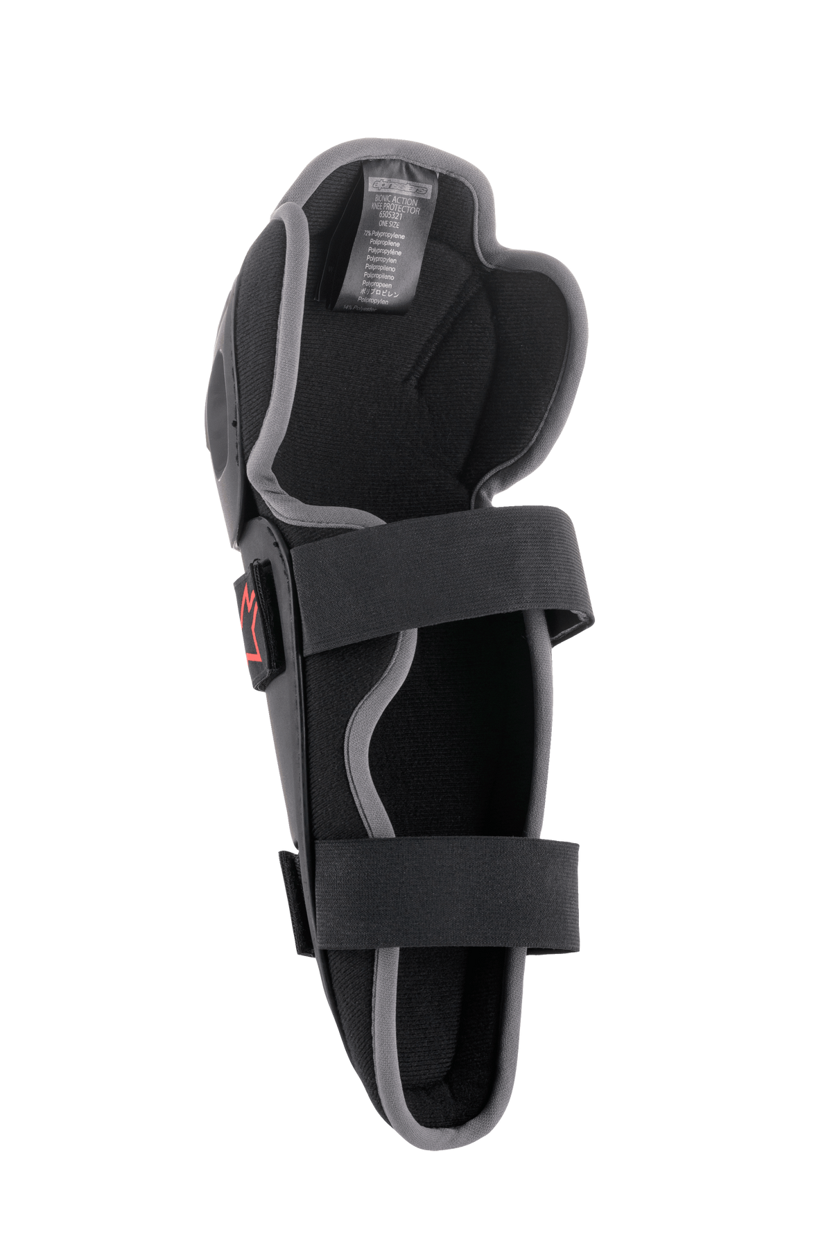 Alpinestars Bionic Action kniebeschermer, motorcross kniebescherming, zwart en grijs, binnenaanzicht met dubbel elastisch bandsysteem, schuimvulling en ergonomisch asymmetrisch ontwerp voor off-road rijden