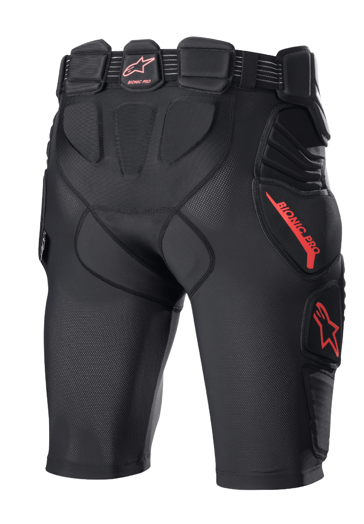 Alpinestars Bionic Pro Protection Shorts, motorcross beschermshort, zwart en rood, achteraanzicht met geïntegreerde heup- en dijbeenvulling, ademende mesh-constructie, rood Alpinestars-logo en branding, beschermende basislaag voor off-road rijden