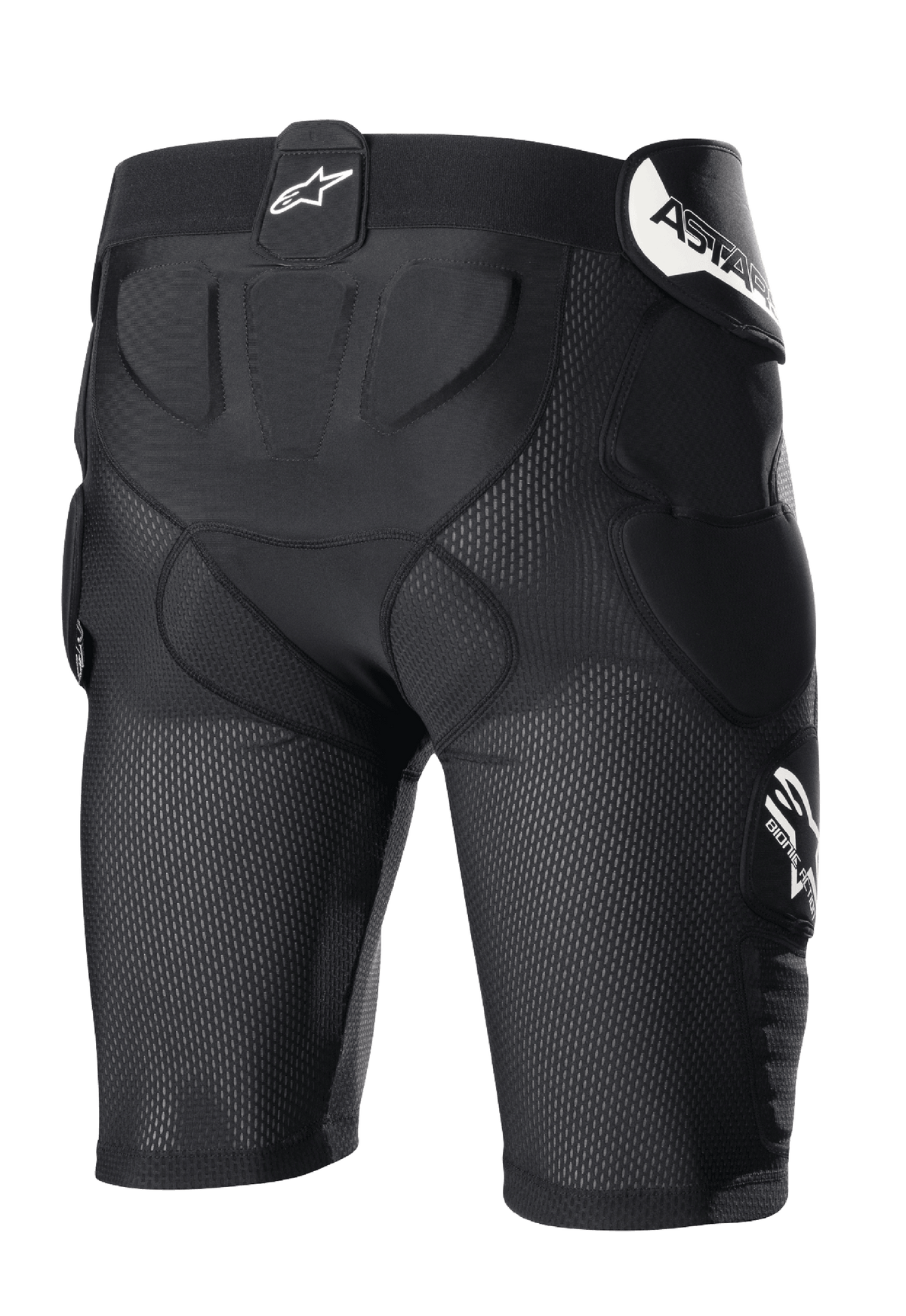 Alpinestars Bionic Action Protection Shorts, zwart, motorcross beschermingsshort met ademende mesh-constructie, geïntegreerde padding op de heupen en het stuitje, voorzien van witte branding op de tailleband en zijkant