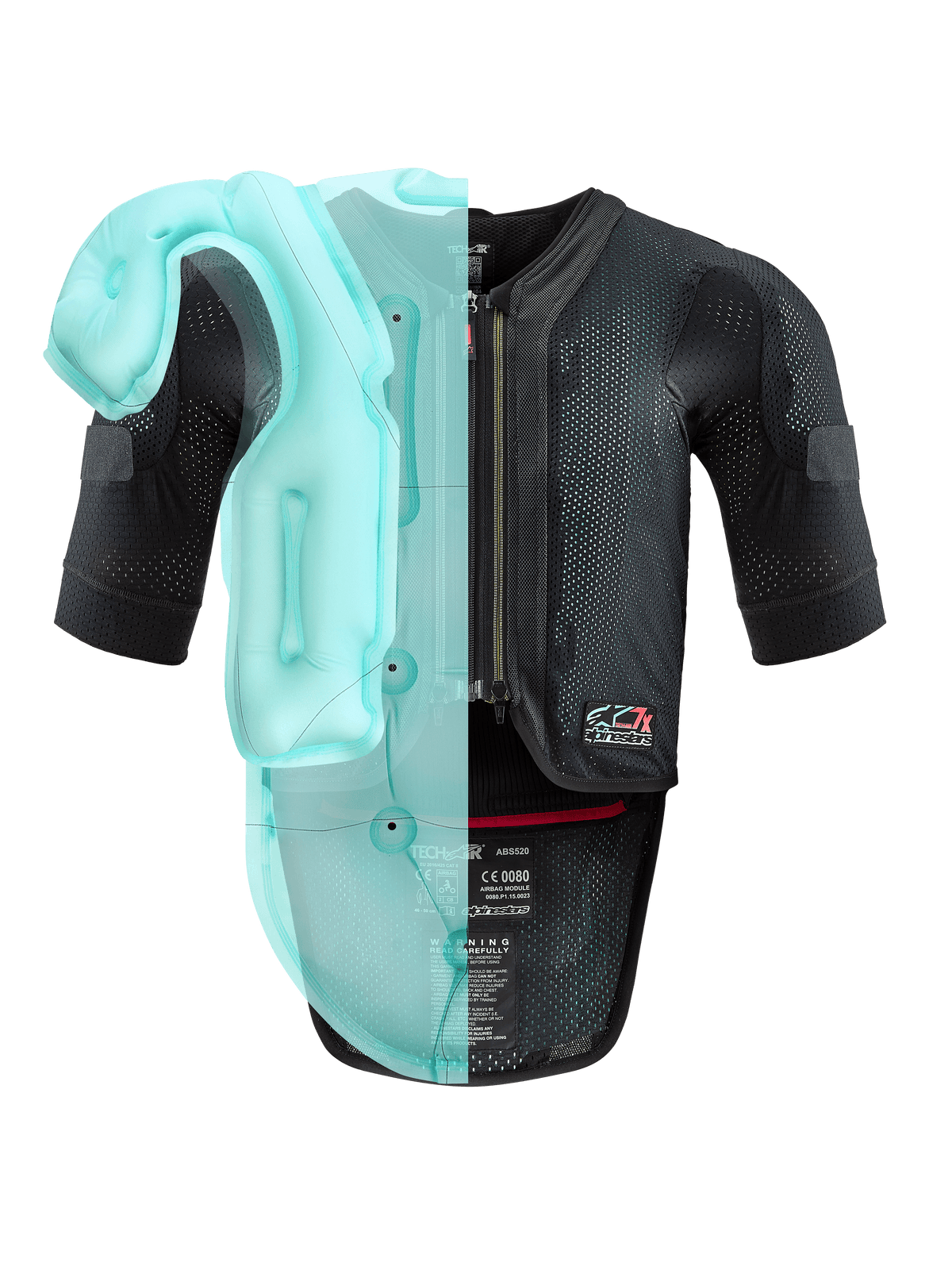 Alpinestars Tech-Air® 7X Systeem, autonoom motorairbagvest, zwart mesh chassis met een lichtblauwe doorschijnende visualisatie van de interne airbag, technische beschermende uitrusting met korte mouwen en geïntegreerde rugprotector