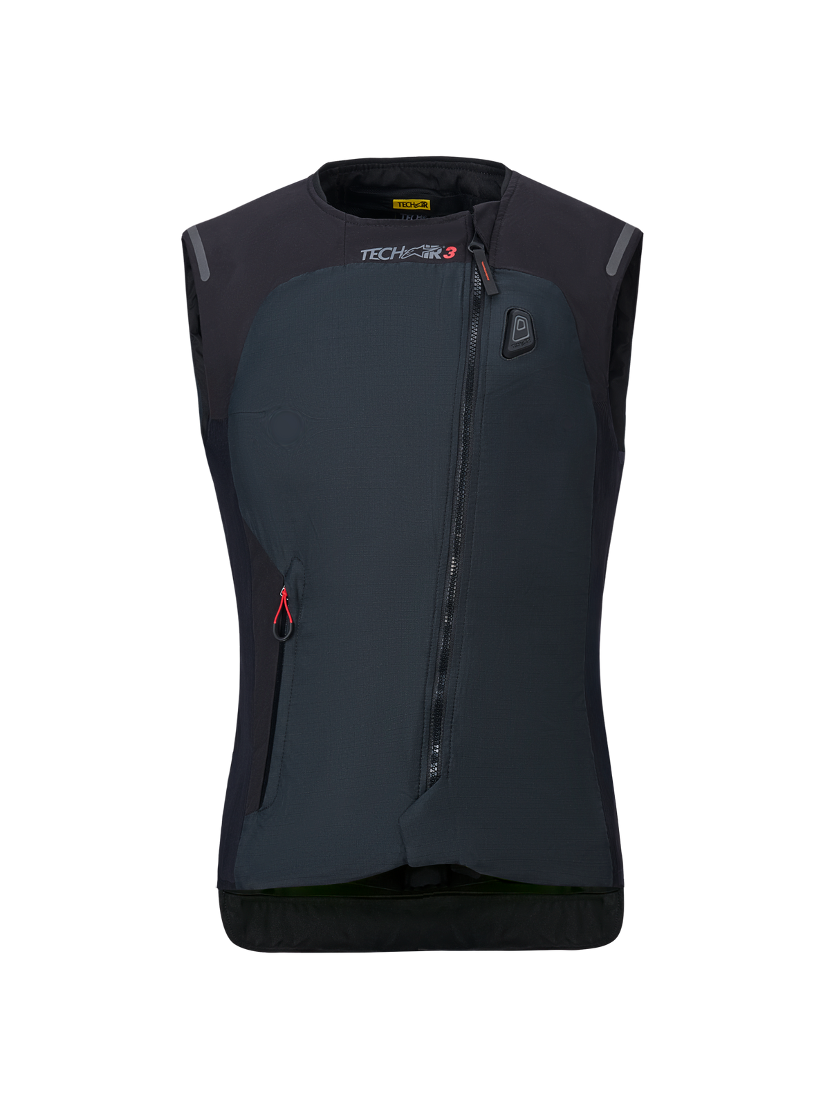 Alpinestars Women Stella Tech-Air 3 V2 System, Black Motorcycle Airbag Vest, front view, featuring a diagonal zipper, Tech-Air 3 branding, and an LED status indicator on the chest