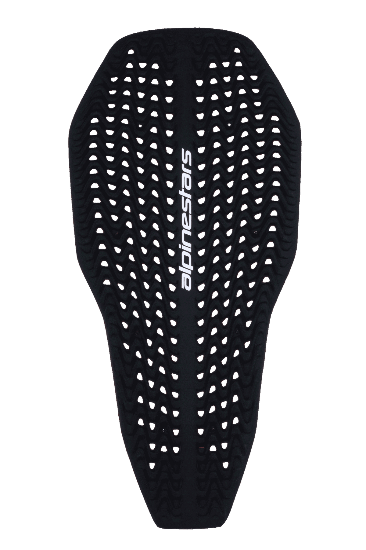 Alpinestars Nucleon Plasma Full Back Protector Insert, Motorcycle Back Protector, Black, featuring a perforated wavy texture for ventilation, white vertical Alpinestars logo, slim and flexible contoured design
