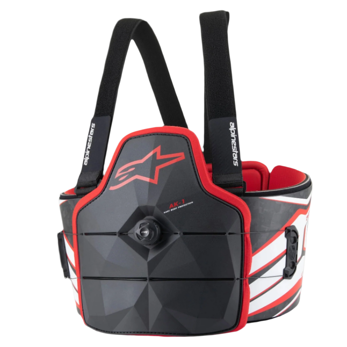 Alpinestars AK-1 Kart Body Protector, karting romp- en lichaamsbescherming, zwart, wit en rood, voorzien van een speed-lace draaisluiting, ribpanelen met koolstofvezeltextuur en rood Astars logo, professionele FIA-gehomologeerde veiligheidsuitrusting