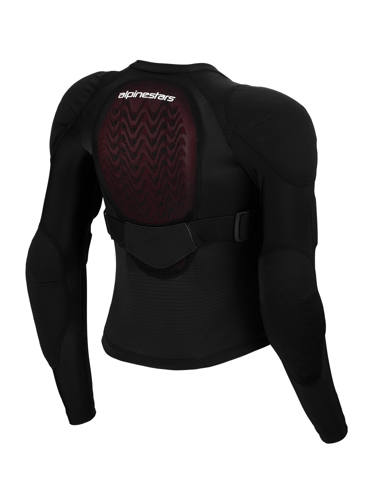 Alpinestars Bionic Plasma LT Jeugd Beschermjas, achteraanzicht, zwart mesh met rode Nucleon PLASMA rugbeschermer, geïntegreerde schouder- en elleboogbescherming, verstelbare band op de middenrug, motorcross bescherming voor jongeren