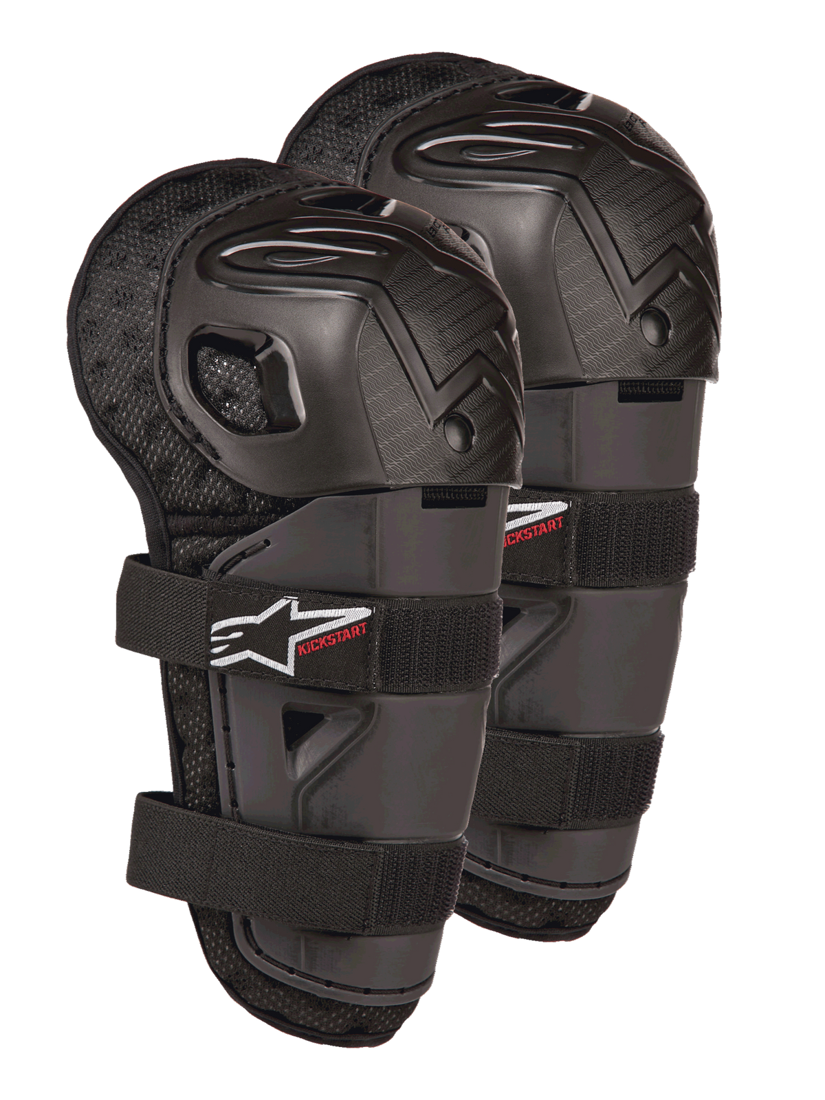 Alpinestars Bionic Action Kickstart Knee Guards, Youth Motocross Knee and Shin Protectors, Black with Red KICKSTART logo, articulated plastic shell and double elasticated straps, protective gear for young off-road riders