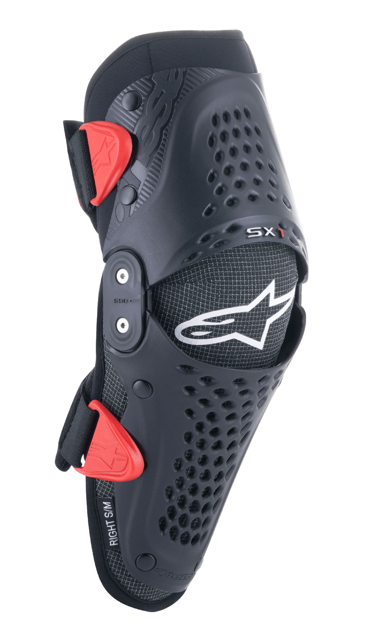 Alpinestars Youth SX-1 kniebeschermers, motocross kniebescherming, zwart en rood, voorzien van geperforeerde ventilatiegaten, dubbel scharniersysteem, verstelbare riemen met rode gespen, wit sterlogo, jeugd off-road motorbescherming