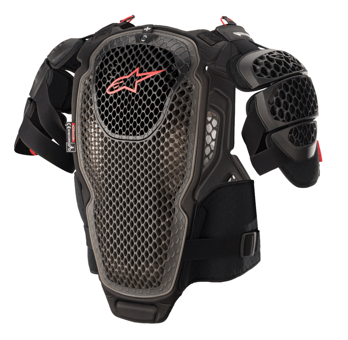 Alpinestars A-6 Chest Protector, Motocross Body Armor, Black Anthracite and Red, featuring perforated cell technology plates, red Alpinestars logo on the chest, adjustable straps and removable shoulder guards, protective off-road gear