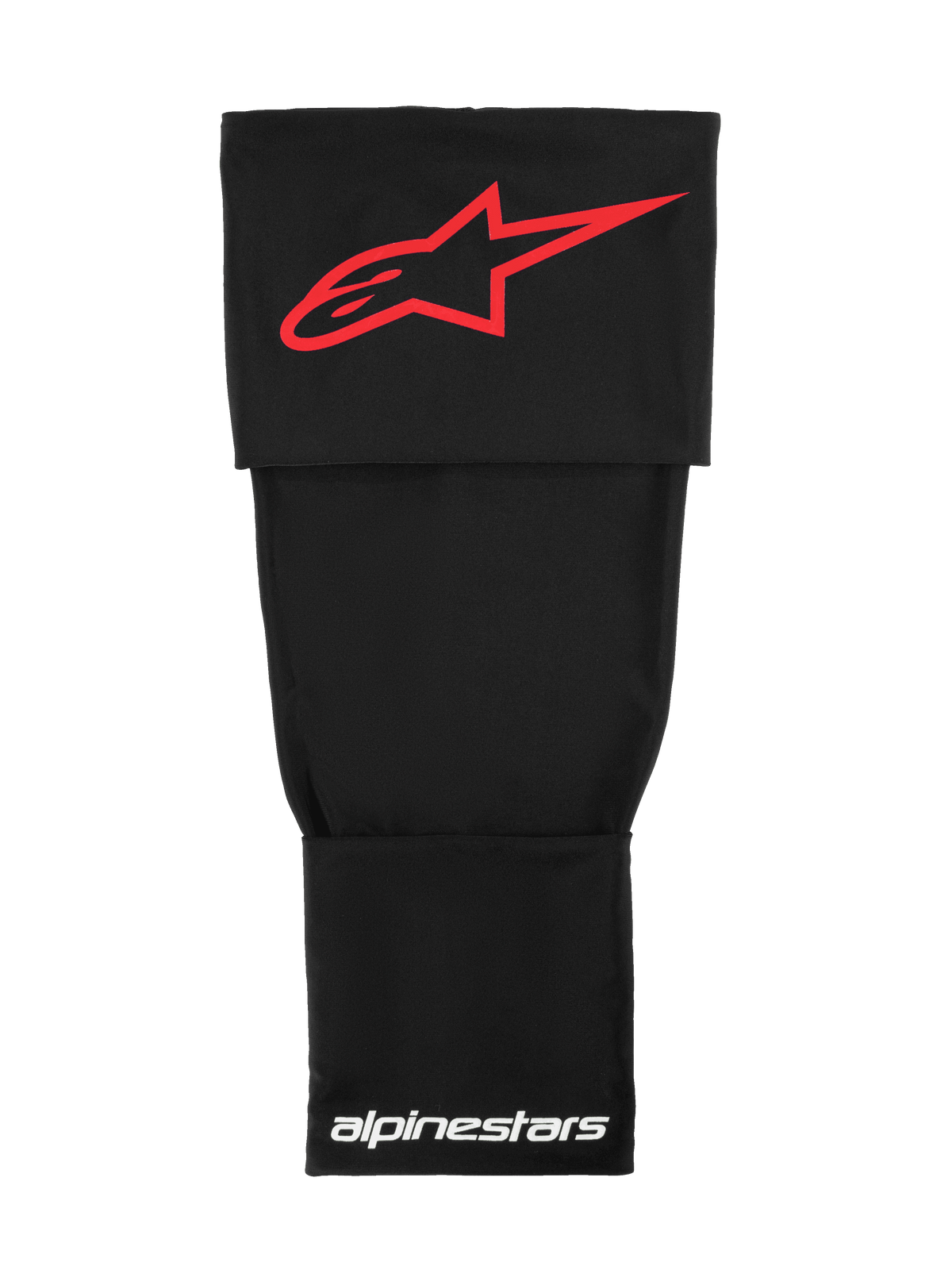 Alpinestars Rk-S Knee Brace Sleeve, technische motorcross base layer, zwart met rood Alpinestars-logo en witte branding, rekbare dubbellaagse stof voor ondersteuning onder de kniebrace