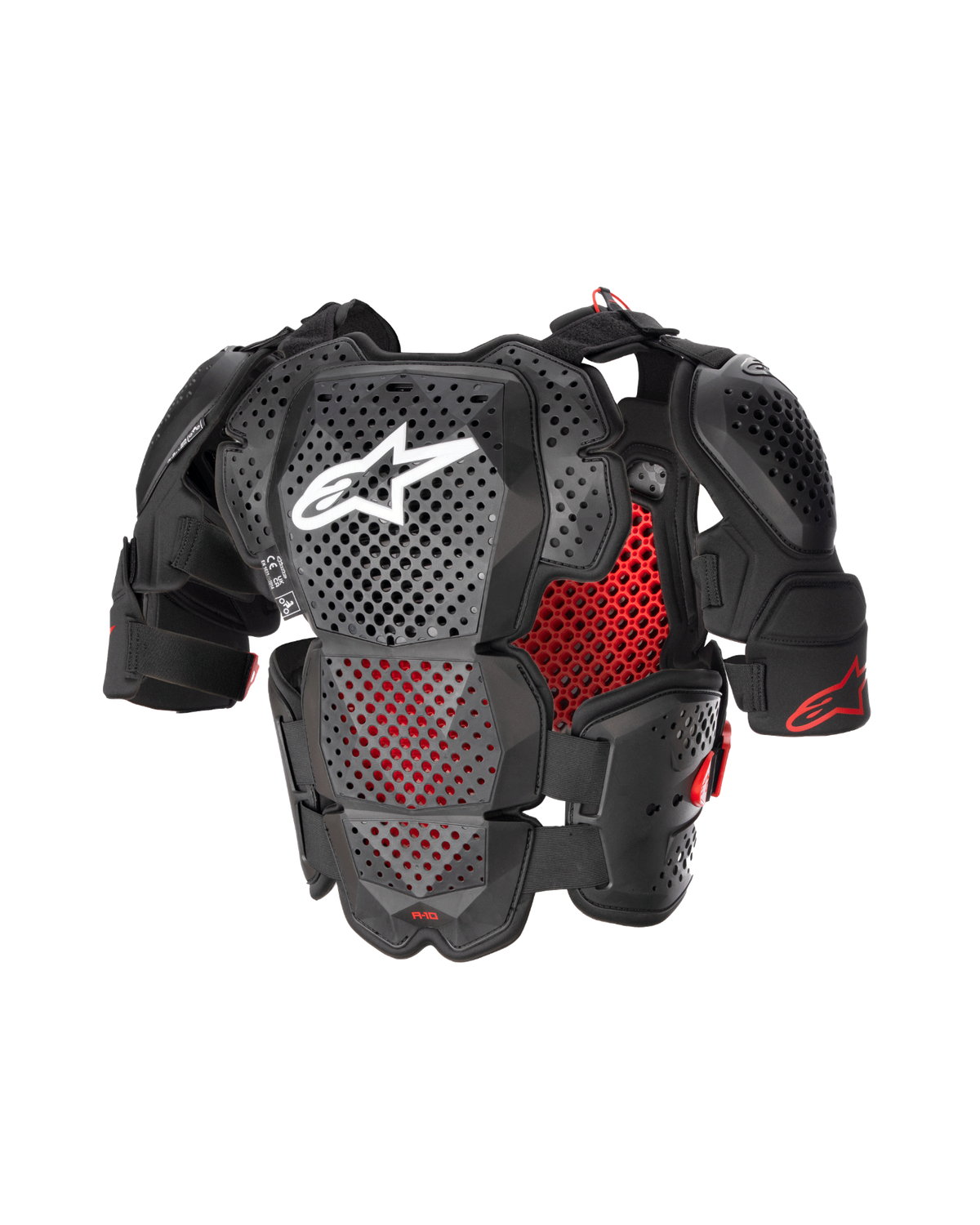 Alpinestars A-10 V2 Volledige Borstbeschermer, motorcross lichaamsbeschermer, antracietzwart en rood, met geperforeerde platen, rode honingraatvoering en wit logo op de borst