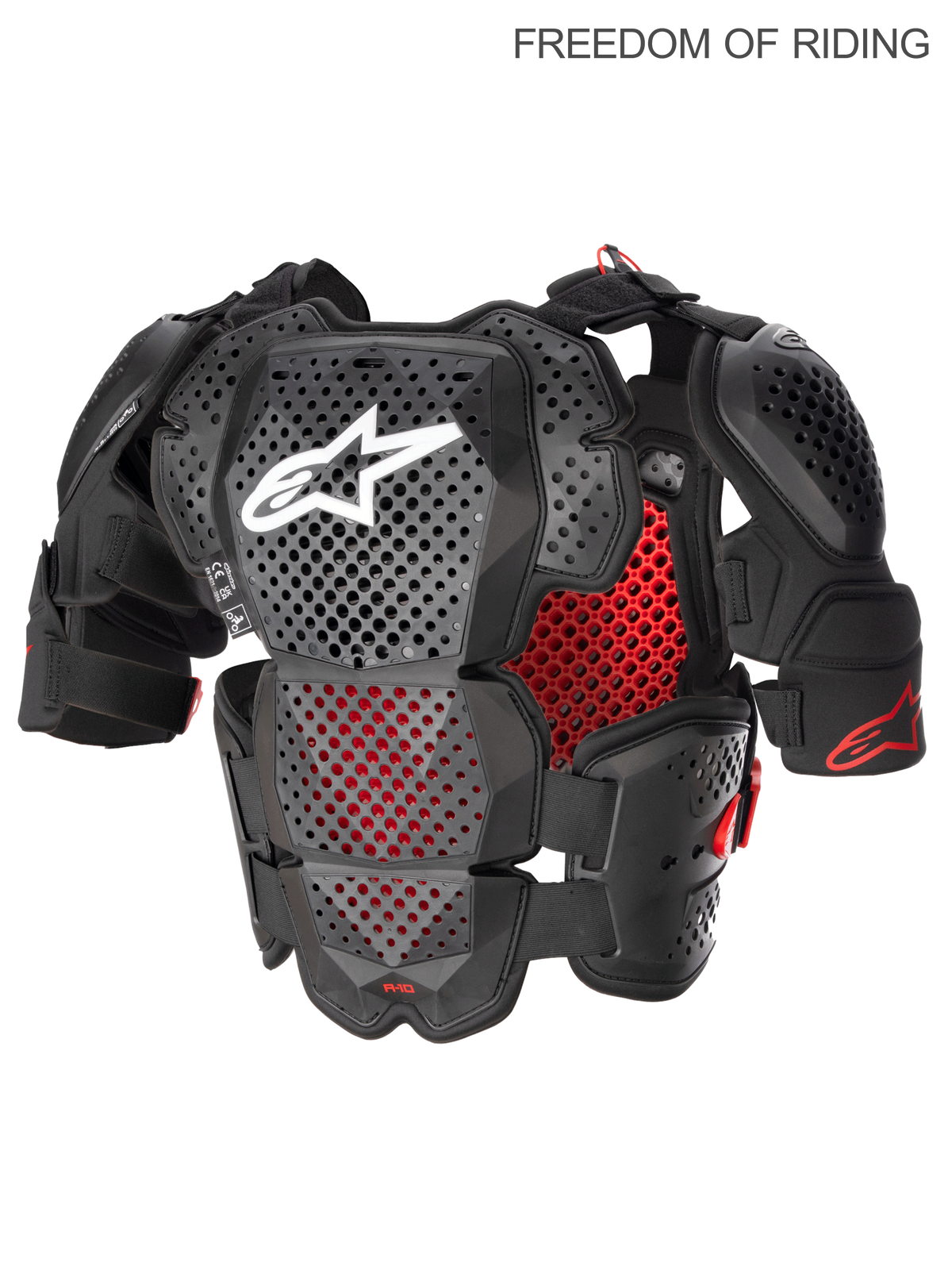 Alpinestars A-10 V2 volledige borstbeschermer, motorcross en off-road lichaamsbeschermer voor heren, antraciet zwart en rood, CE-gecertificeerd niveau 2. Voorzien van Polyhedron Hybrid Technology voor maximale ventilatie, lichtgewicht kunststof schaal met schouderbeschermers en koelingskanalen.