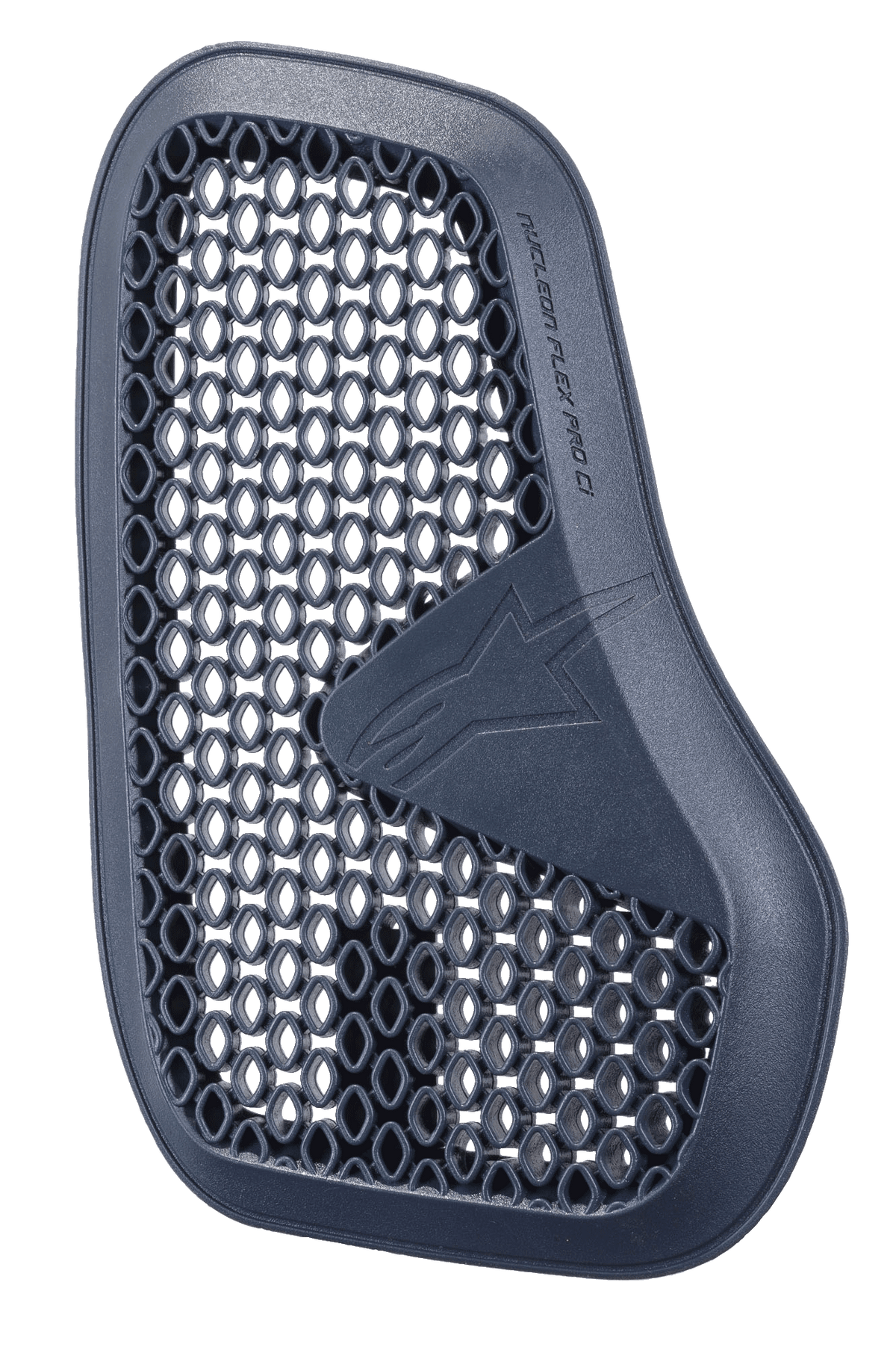 Alpinestars Nucleon Flex Pro Ci Protector, antracietgrijze motorborstbeschermer, linkerstuk van een tweedelige set, honingraat microstructuur voor ventilatie en energie-absorptie, Alpinestars-logo en tekst in reliëf, lichtgewicht ergonomisch ontwerp