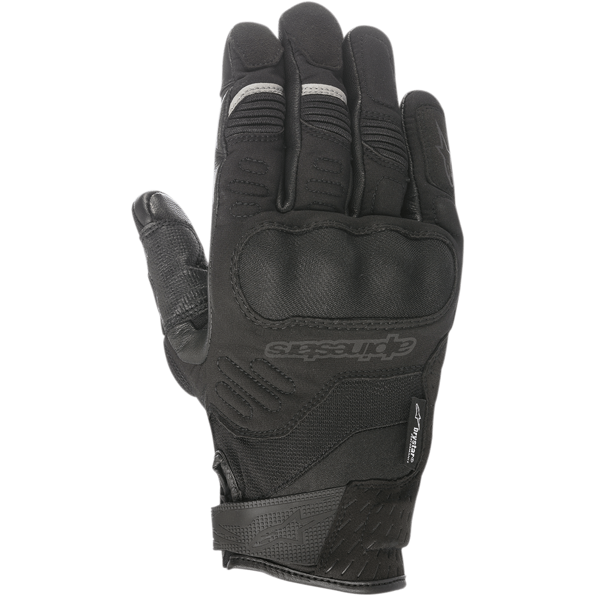 Alpinestars C-30 Drystar® handschoenen, zwarte motorhandschoenen, voorzien van overgegoten harde knokkelbescherming, constructie van stretchtextiel en softshell, klittenbandsluiting aan de pols en subtiele grijze reflecterende accenten op de vingers.