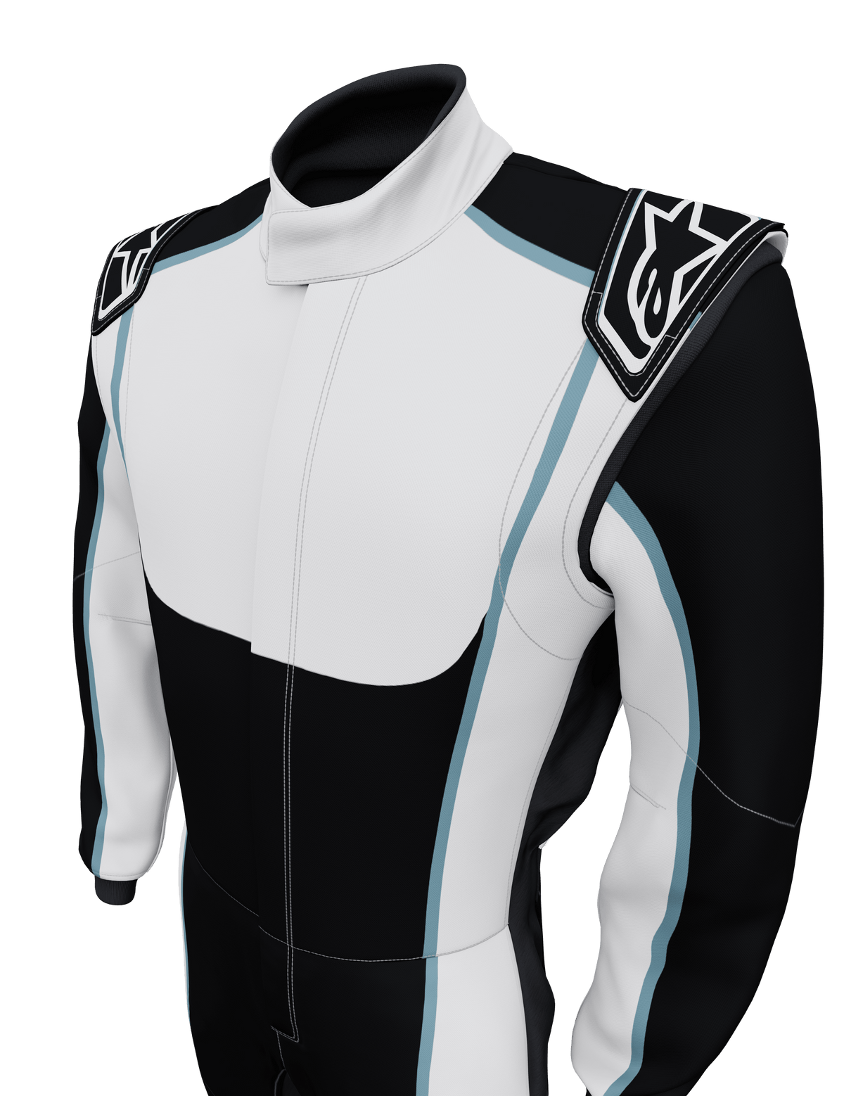 Alpinestars Tech Vision V3 maatwerkpak met aangepaste lengte, wit en zwart racepak met blauwe accenten, FIA-gecertificeerd.