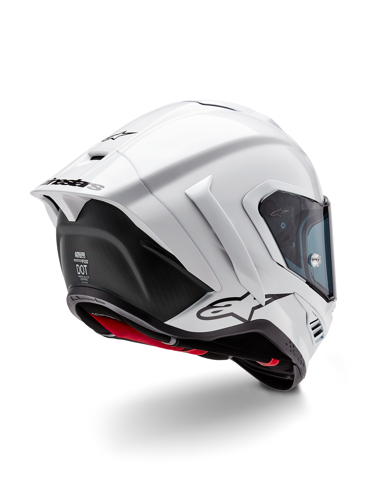 Alpinestars Supertech R10 Solid Helm, integraal motorracehelm, wit glanzend en mat zwart, driekwart achteraanzicht met aerodynamische spoiler, winglets aan de zijkant en zwarte logo-branding
