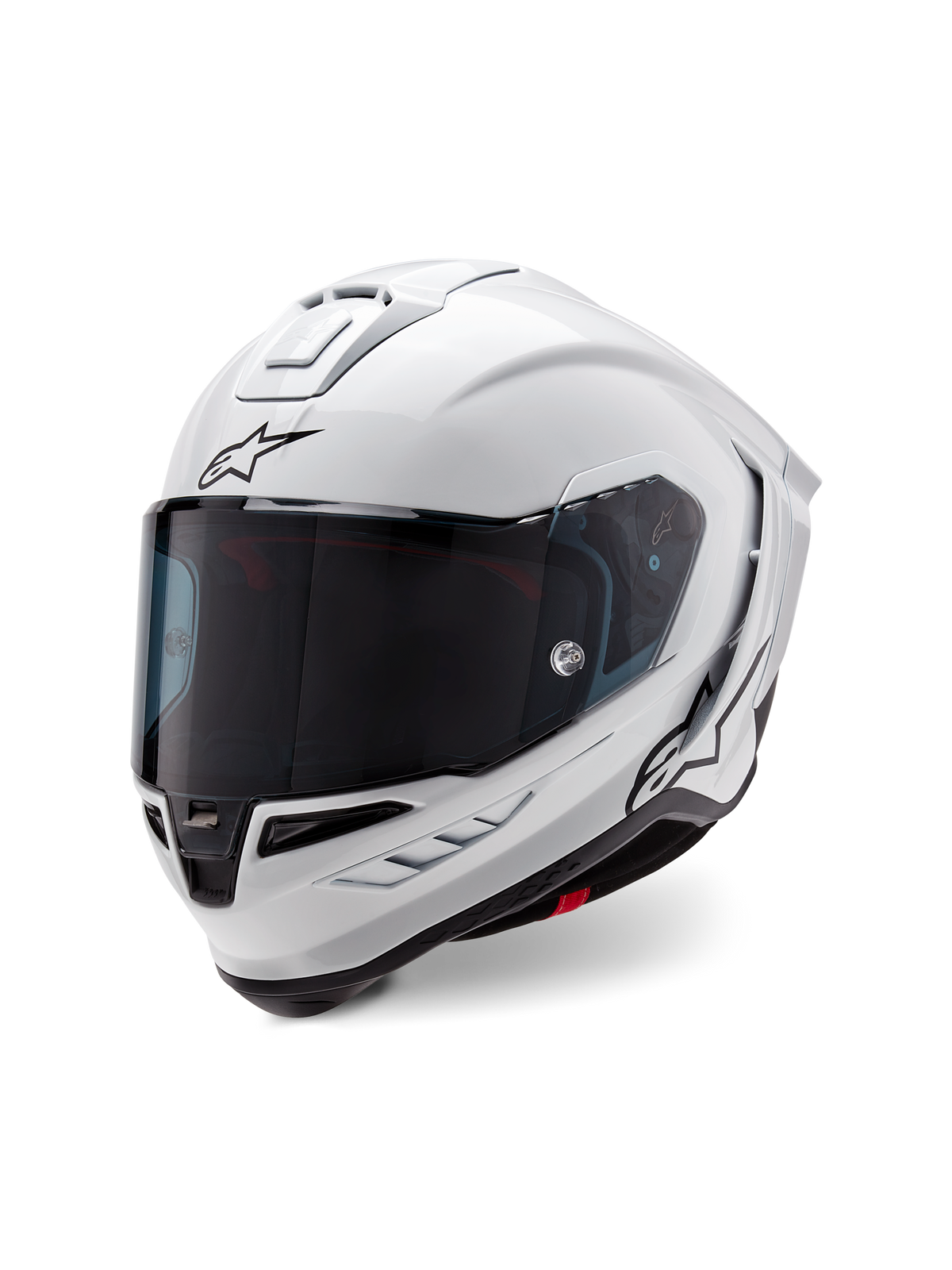 Alpinestars Supertech R10 Solid helm, integraal racehelm, glanzend wit met zwarte accenten, voorzien van een donker getint vizier, aerodynamisch schaalontwerp en Alpinestars-logo op de voorkant en zijkant