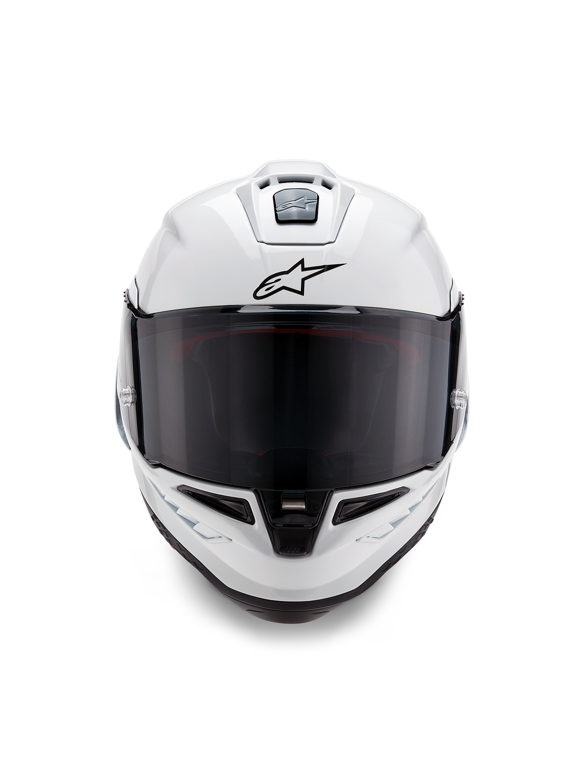 Alpinestars Supertech R10 Solid Helm, integraal racehelm, glanzend wit met zwarte details, vooraanzicht met donker getint vizier, aerodynamisch ventilatiesysteem en zwart Astars-logo