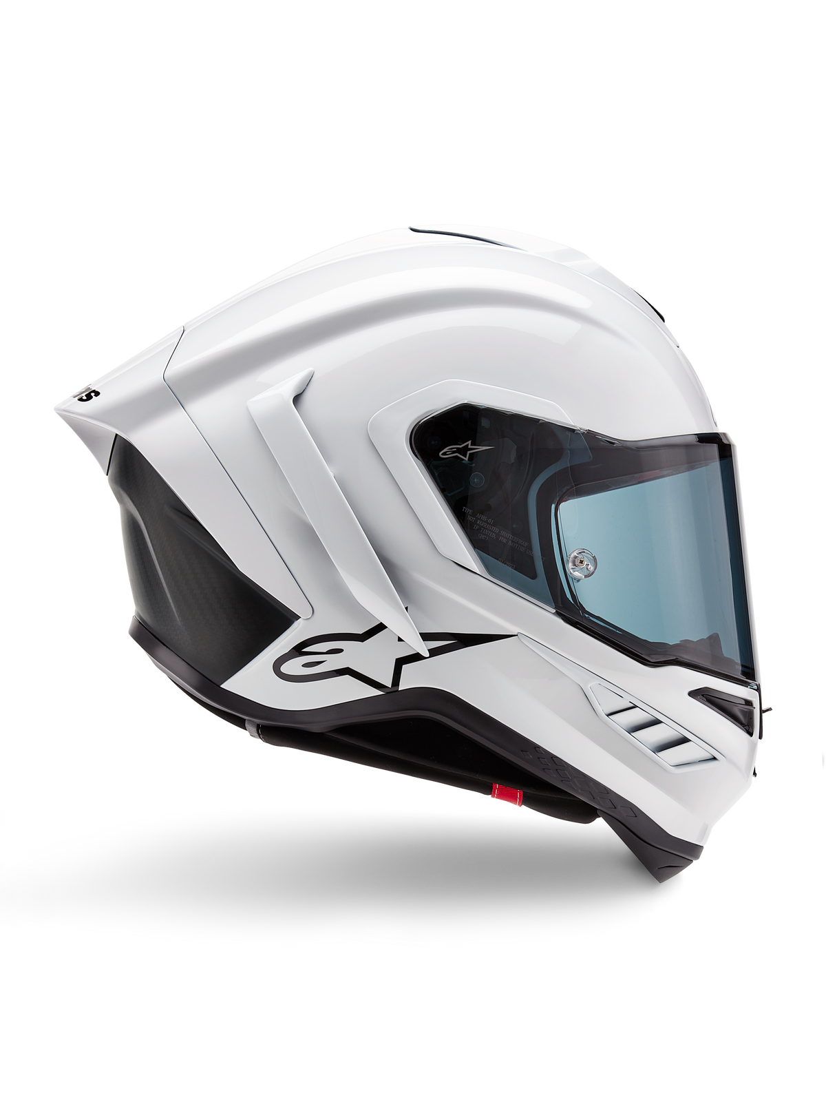 Alpinestars Supertech R10 Solid helm, wit glanzende en mat zwarte motorracehelm, zijaanzicht, aerodynamisch ontwerp met winglets aan de achterzijde en zijventilatie, blauw getint vizier, met een zwart Alpinestars sterlogo op de zijkant