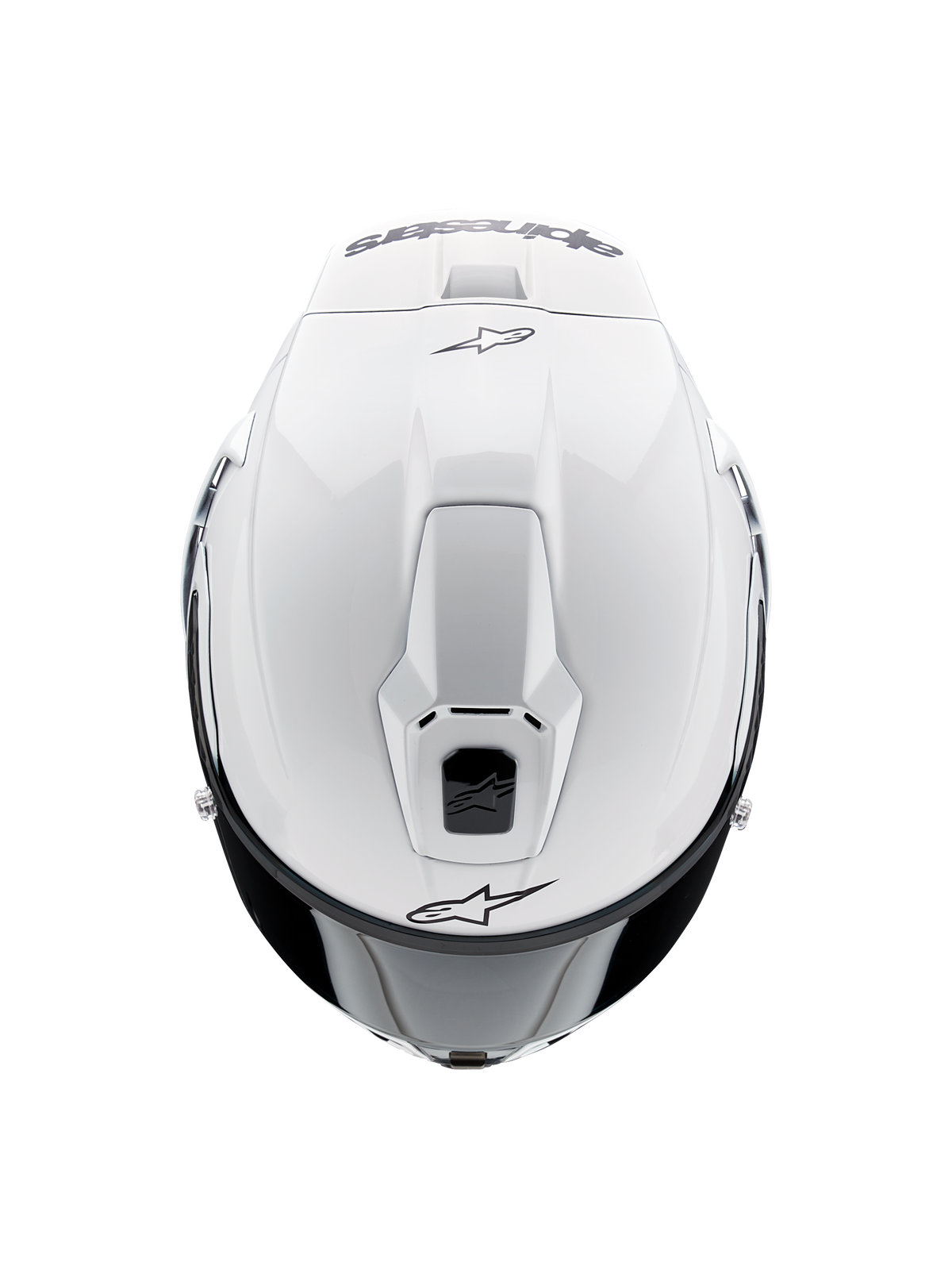 Alpinestars Supertech R10 Solid helm, integraal motorhelm, glanzend wit, bovenaanzicht met de nadruk op de aerodynamische ventilatieopeningen en zwarte Alpinestars-logo's, strak race-geïnspireerd profiel