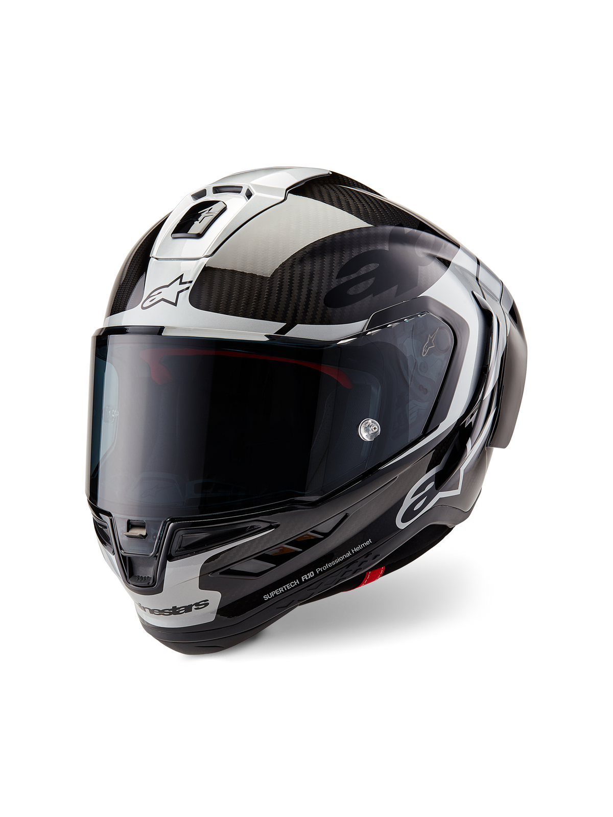 Alpinestars Supertech R10 Element Helmet, Full-Face Motorcycle Racing Helmet, Black Carbon Silver and Glossy Black, featuring a dark smoke visor, aerodynamic carbon fiber shell, and Alpinestars branding
