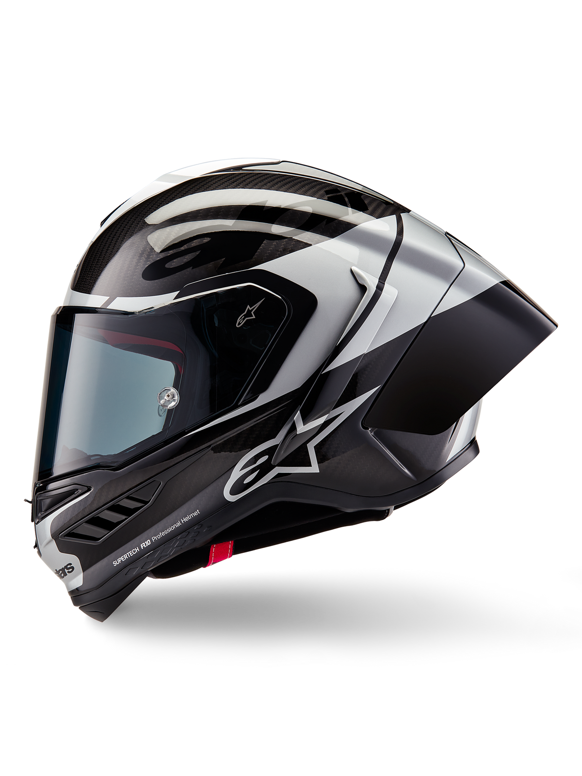 Alpinestars Supertech R10 Element Helmet, Full-Face Motorcycle Racing Helmet, Black Carbon Silver and Black Glossy, side profile view showing carbon fiber weave and aerodynamic rear spoiler, sleek design with Alpinestars branding and professional race finish
