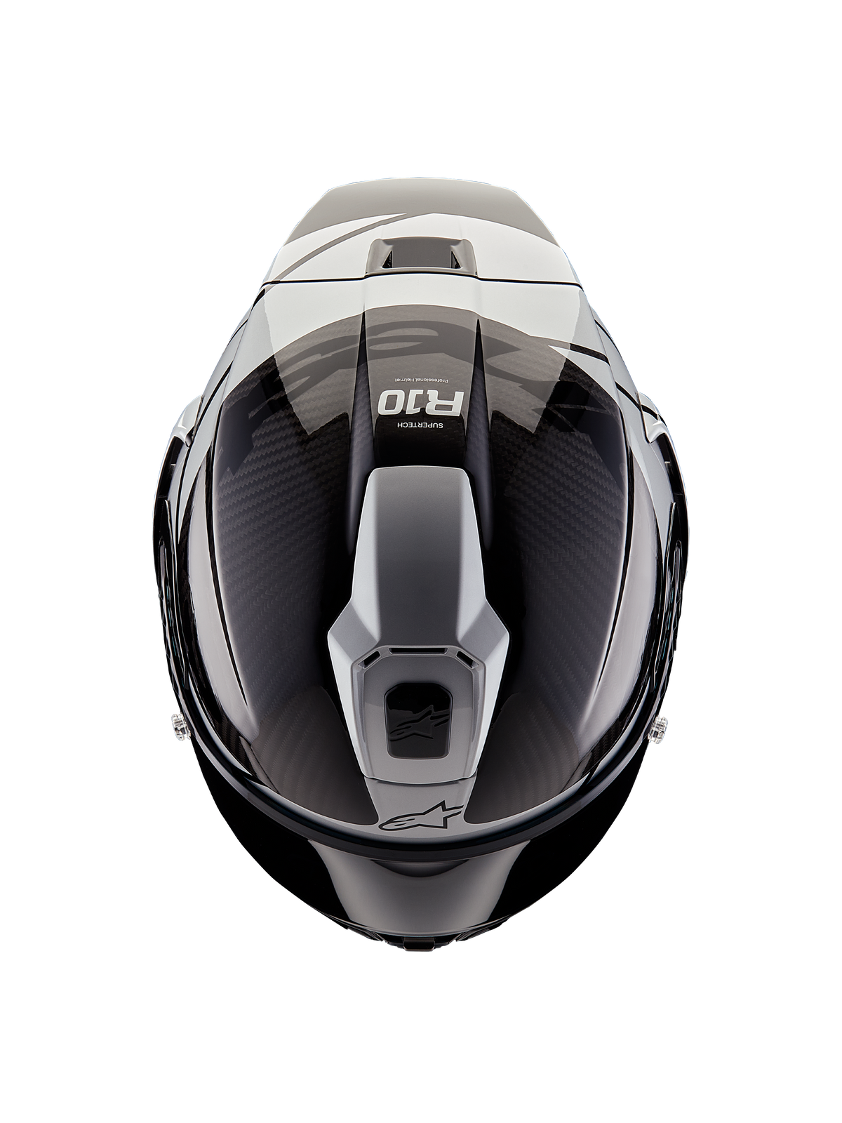 Alpinestars Supertech R10 Element Helmet, top-down view, Black Carbon and Silver, glossy finish with visible carbon fiber weave, aerodynamic vent structure, R10 logo and Alpinestars branding, professional racing motorcycle helmet