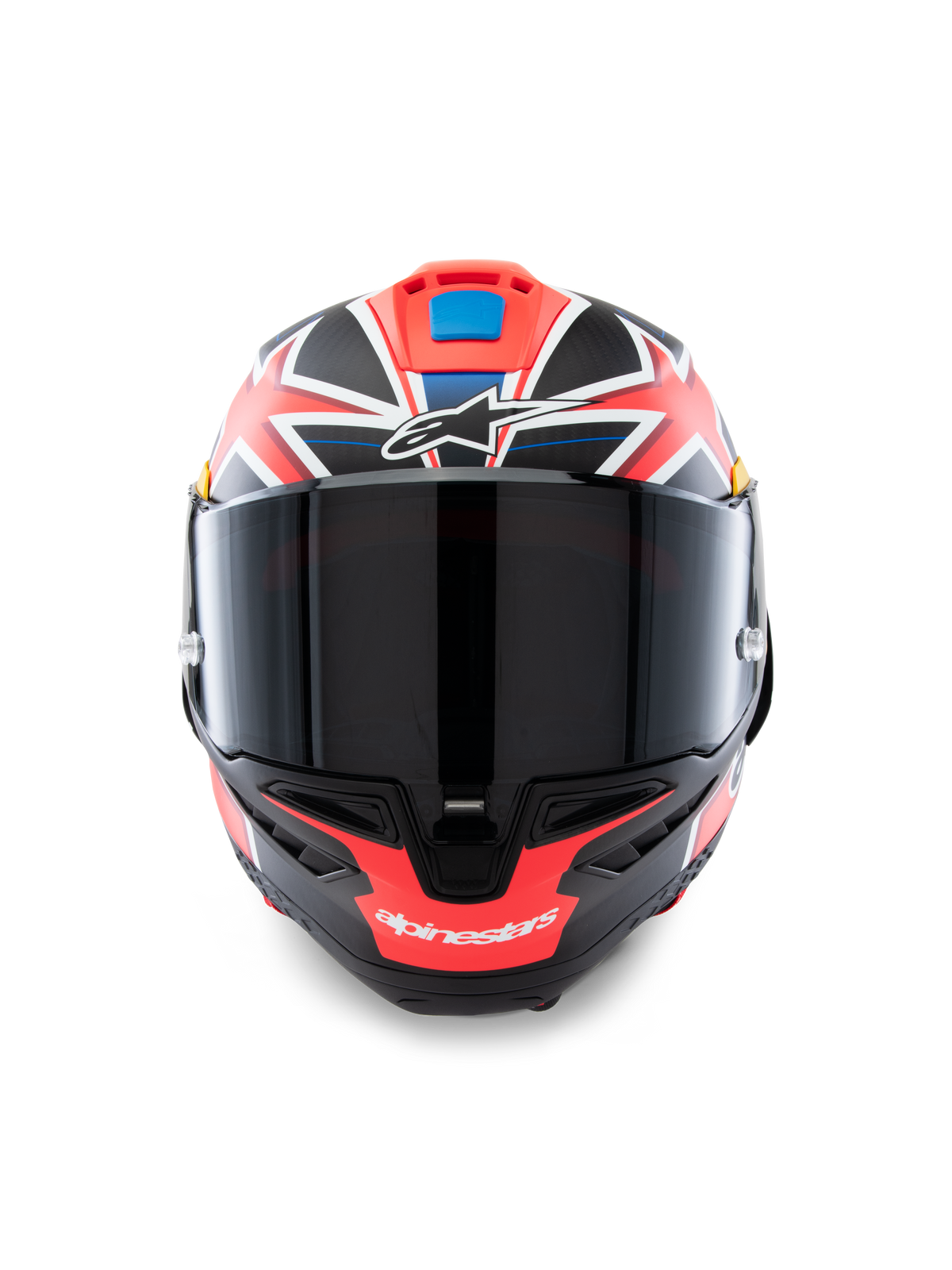 Alpinestars Supertech R10 Miller Limited Edition helm, vooraanzicht, integraal race-motorhelm met Carbon Red Matt graphics, witte en blauwe accenten, donker rookvizier, Jack Miller signature design, aerodynamische carbon schaalconstructie