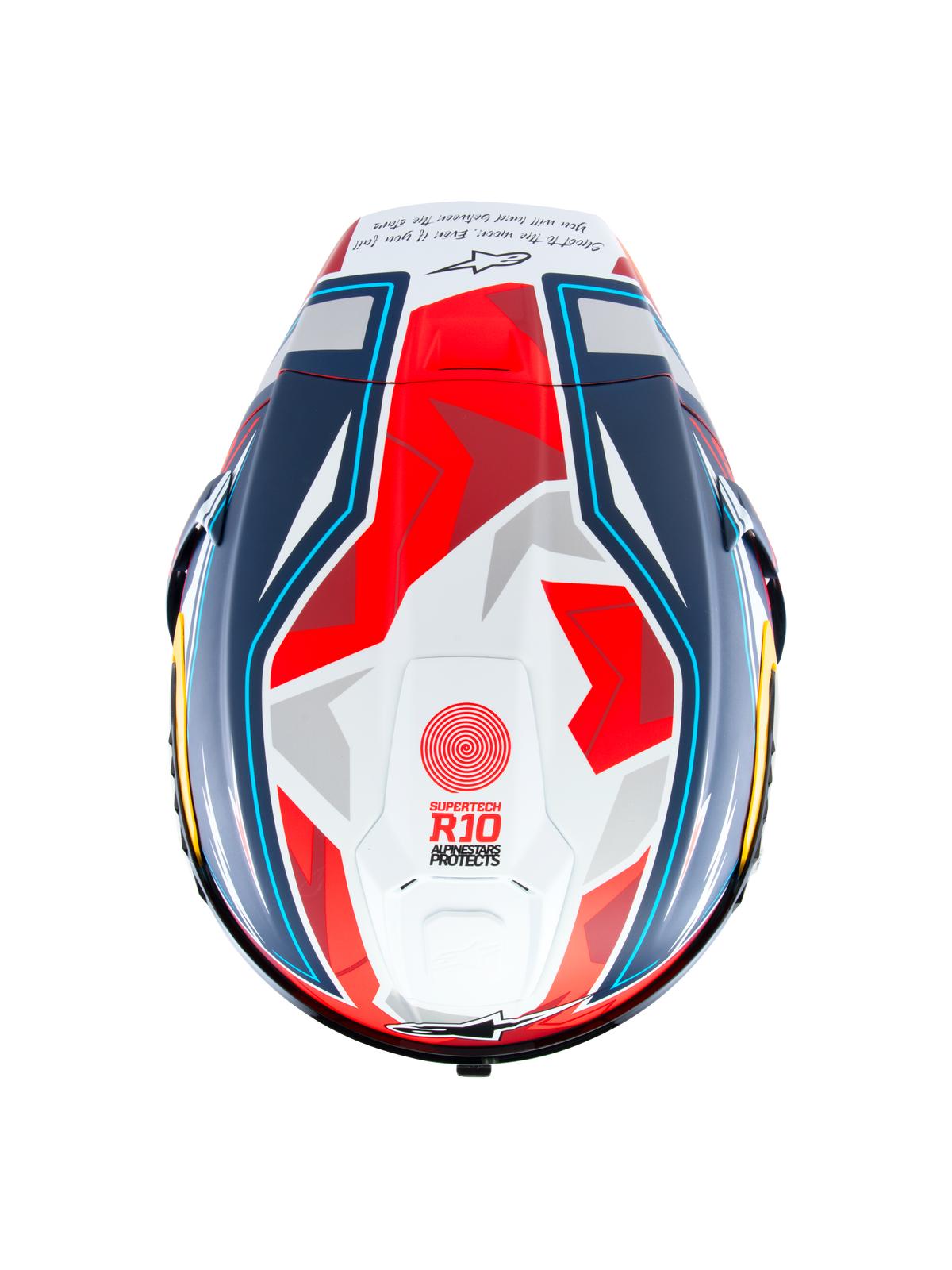 Alpinestars Supertech R10 Acosta Beperkte Oplage Helm, carbon racehelm, topaanzicht, blauw, rood en wit, aerodynamische spoiler en racegraphics, CE-gecertificeerd