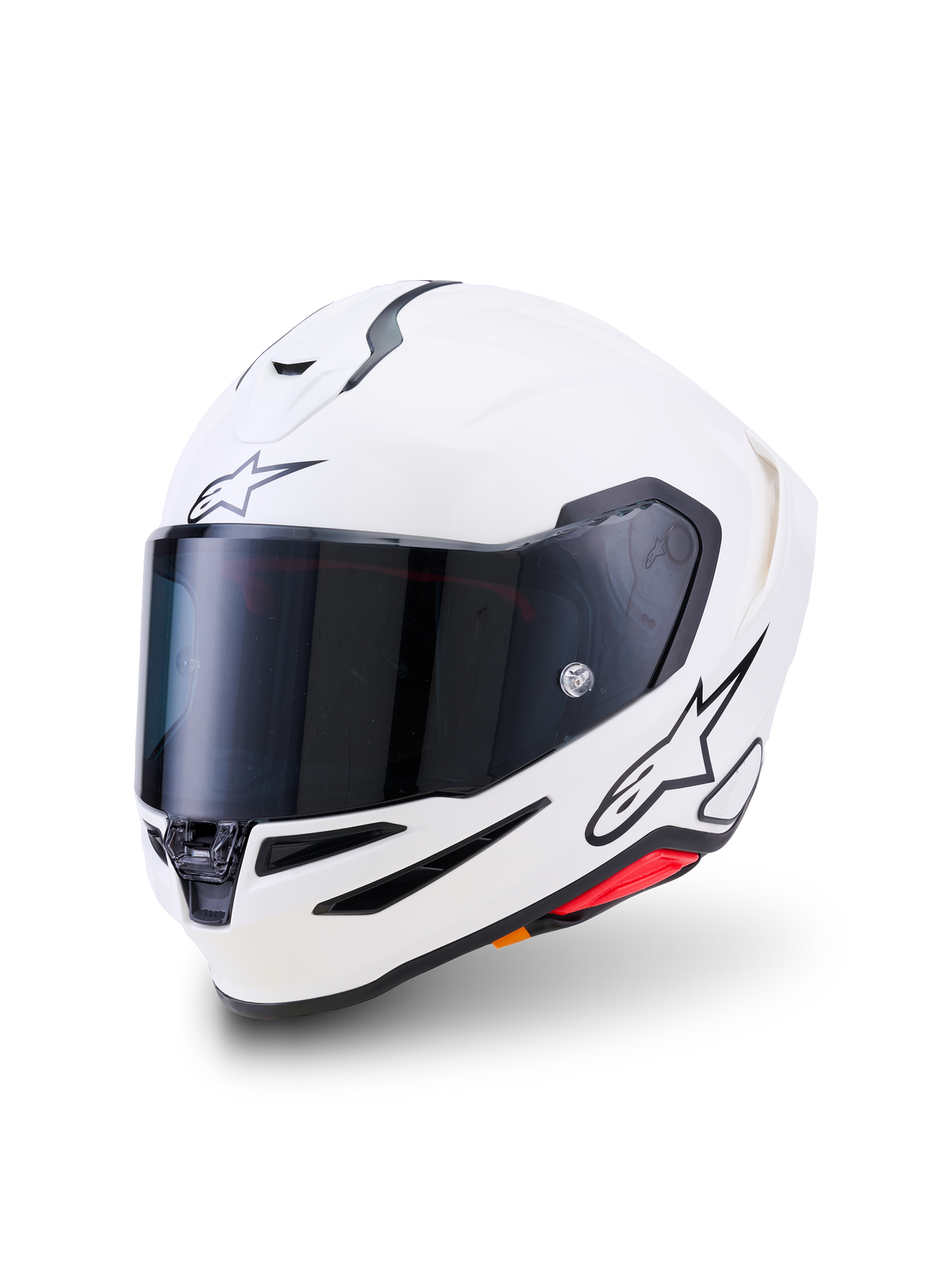 Alpinestars S-R7 Solid helm, integraalhelm, wit glanzend, donker rookvizier, zwart sterlogo op het voorhoofd en de zijkant, aerodynamische schaal met ventilatieopeningen en rode accenten