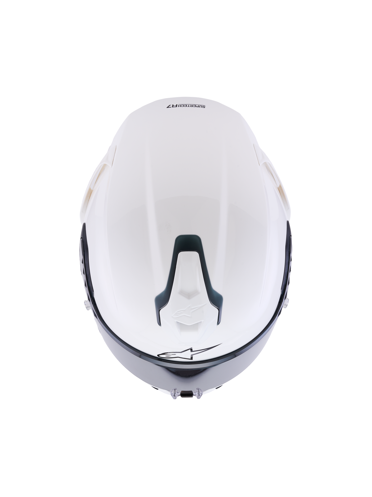 Alpinestars S-R7 Solid helm, glanzend witte integraalhelm, bovenaanzicht van de aerodynamische schaal, verschuifbare ventilatieopening aan de bovenzijde met zwarte accenten en het kenmerkende sterlogo, strak race-geïnspireerd ontwerp voor stabiliteit bij hoge snelheden.
