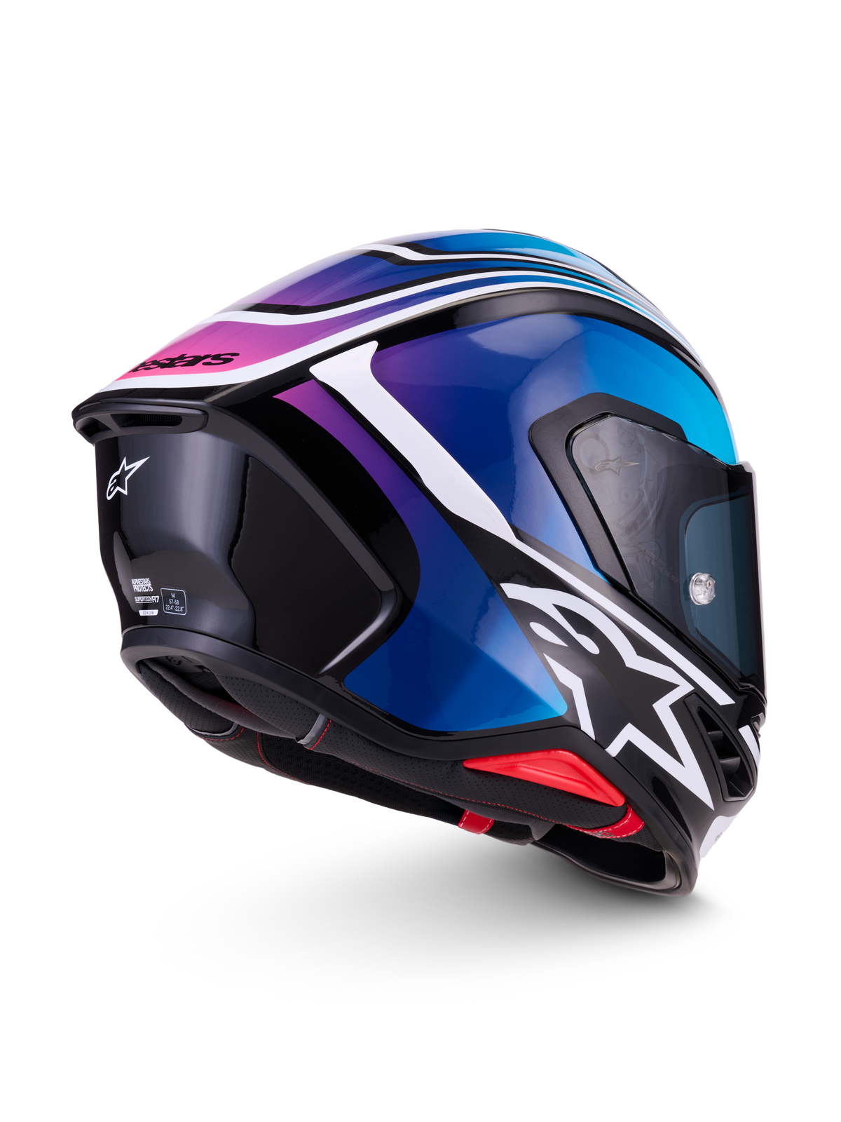 Alpinestars S-R7 Zeal helm, integraal motorracinghelm, zwart, blauw, roze en wit, zij- en achteraanzicht met aerodynamische spoiler en grafisch design