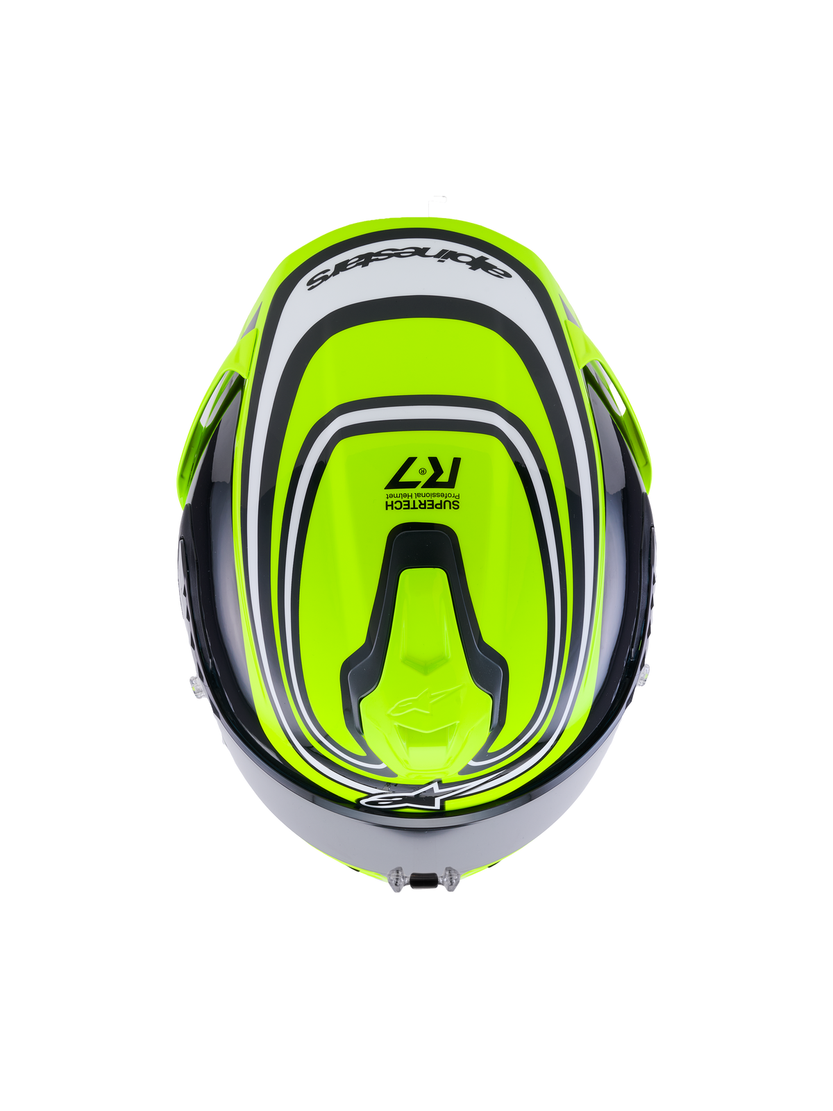 Alpinestars S-R7 Zeal helm ECE 22.06, integraalmotorhelm voor op de weg in geel fluo, zwart en wit, topaanzicht met aerodynamisch ontwerp, ventilatieopeningen en Supertech R7 brandingdetails
