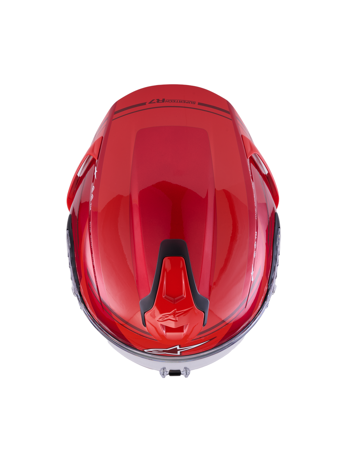 Alpinestars S-R7 A-Core helm, motorroadracinghelm, bovenaanzicht met aerodynamische carbon schaal in rood en wit glanzend met zwarte ventilatiedetails, ECE-gecertificeerd