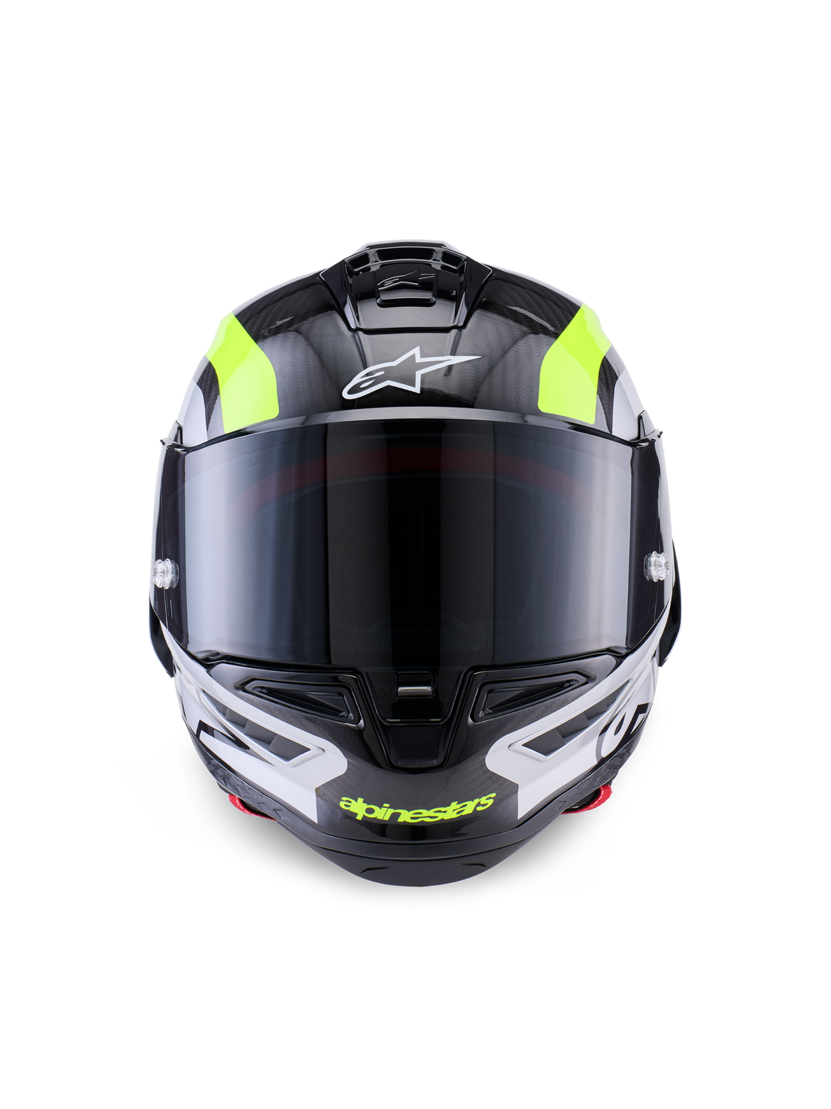 Alpinestars Supertech R10 Arius Helmet, Racing Motorcycle Helmet, Black Silver and Yellow Fluo Glossy, front view featuring carbon fiber shell, dark smoke visor, and integrated ventilation system.
