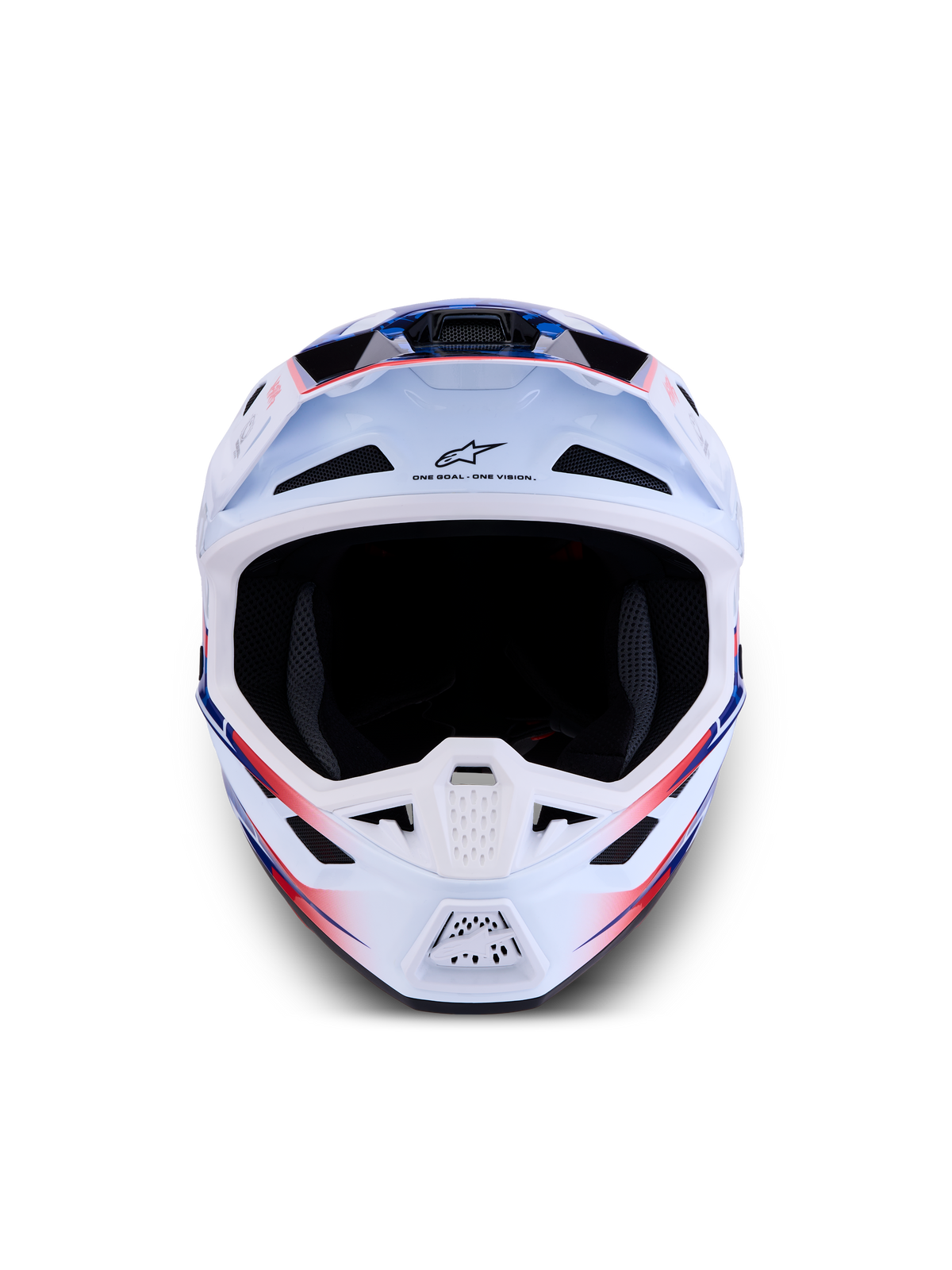 Alpinestars S-M7 Blaster helm, motocrosshelm voor off-road racing, wit, blauw en rood, lichtgewicht composietschaal, ECE 22.06-gecertificeerd