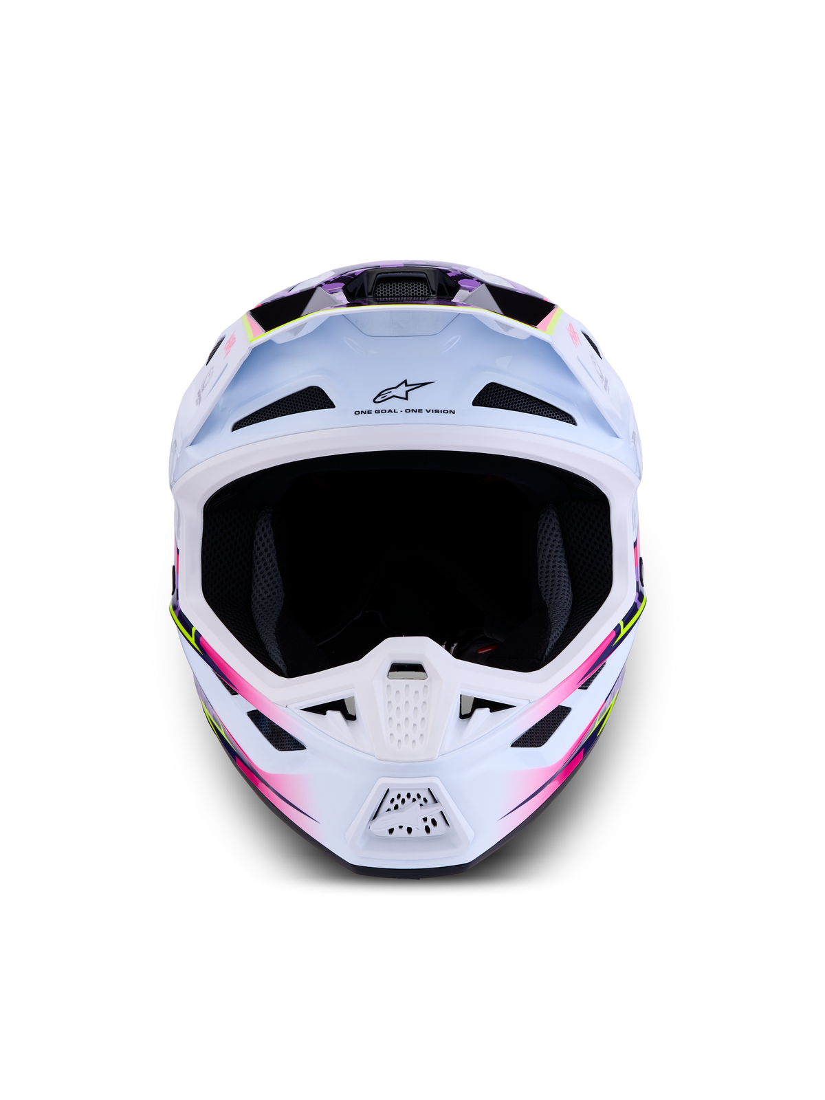 Alpinestars S-M7 Blaster helm ECE06, motocrosshelm voor off-road, wit met paarse en roze graphics, CE-gecertificeerd.
