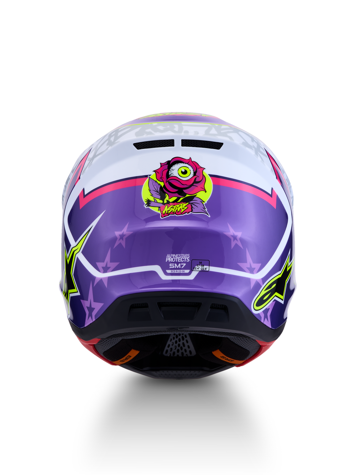 Alpinestars S-M7 Blaster helm ECE06, paarse en roze glanzende motorcrosshelm met roosafbeelding en stermotieven.