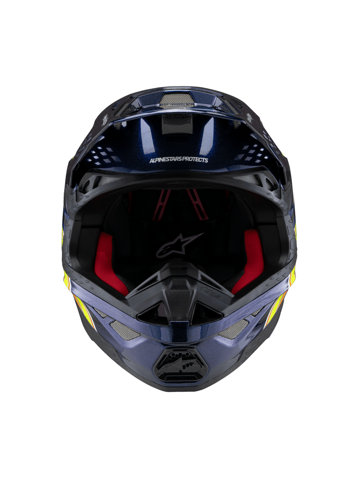 Alpinestars Supertech M10 TLD Edition 25 Helmet, Motocross Helmet, Glossy Metallic Dark Blue with Red interior padding, front-facing view showing ventilation mesh and side graphics in yellow and orange, premium off-road racing protection.