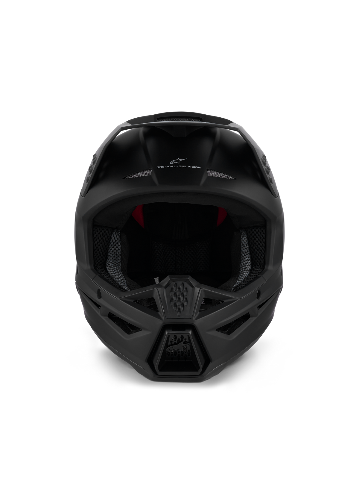 Alpinestars S-M3 Solid Helm ECE 22.06, motorcrosshelm, mat zwart, vooraanzicht met agressieve kinstukventilatie en 'ONE GOAL - ONE VISION' branding, strak ontwerp voor off-road racing