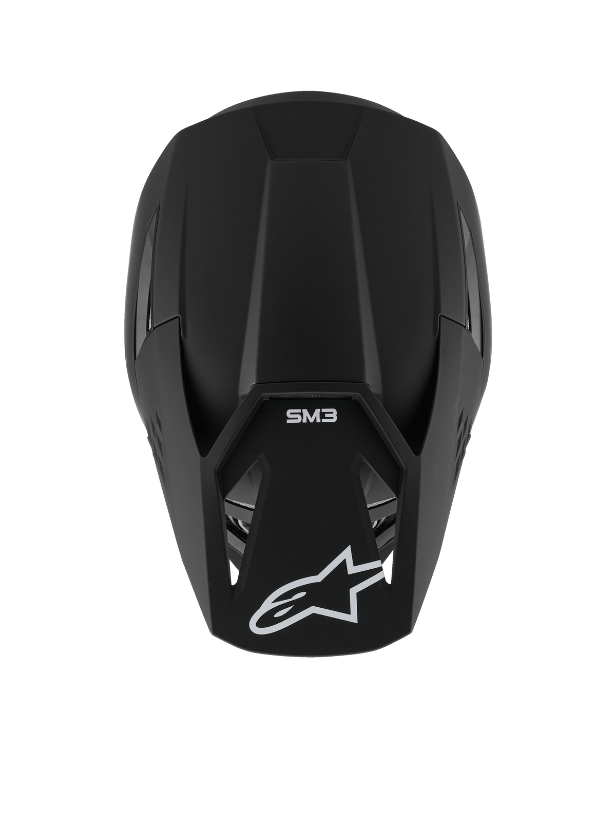 Alpinestars S-M3 Solid helm, motorcrosshelm, Black Matt, bovenaanzicht dat de matte textuur en aerodynamische schaal toont, voorzien van wit Alpinestars sterlogo op de klep en SM3-branding, premium hoofdbescherming voor off-road racing