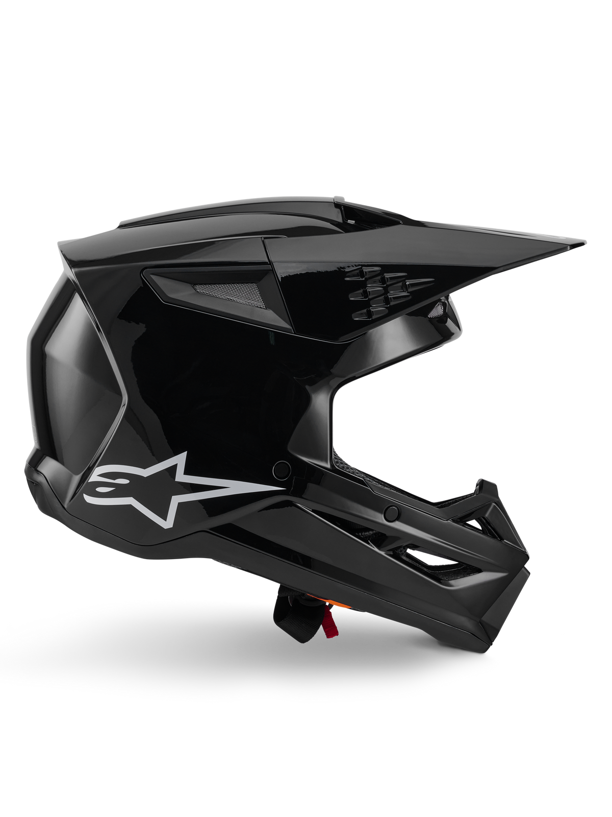Alpinestars S-M3 Solid Helmet, Motocross Helmet, Black Glossy, side profile view featuring a white star logo, angular aerodynamic design with mesh vents and visor, protective off-road racing headgear
