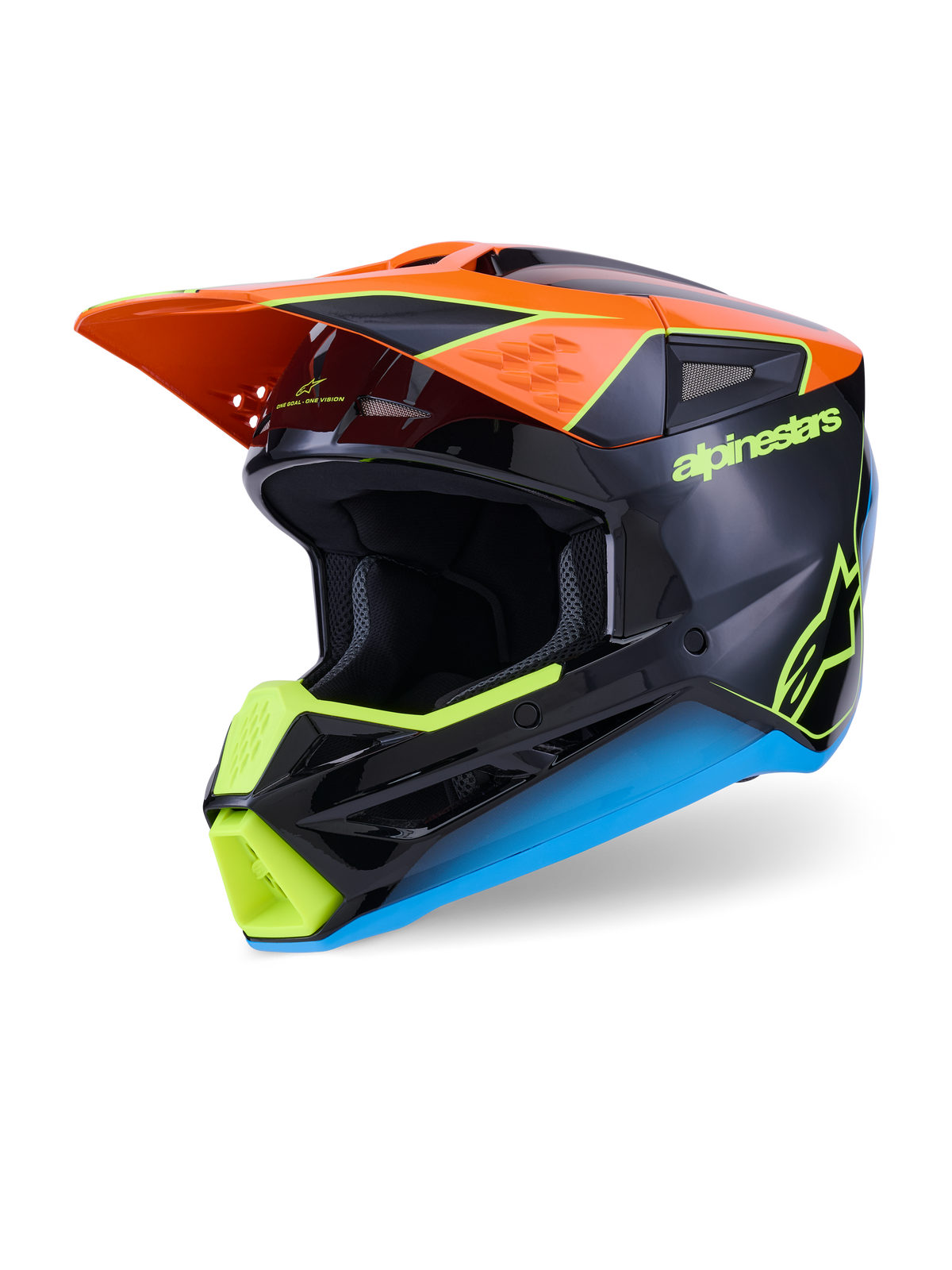 Alpinestars S-M3 Fray helm, motorcrosshelm, zwart met oranje, neongeel en blauwe accenten, driekwart aanzicht met de aerodynamische thermo-geïnjecteerde schaal en beschermend vizier voor off-road racen