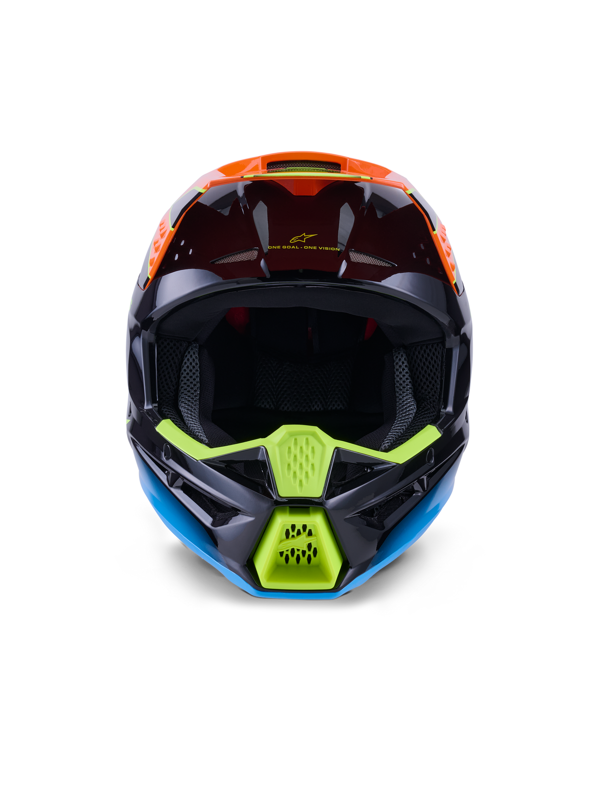 Alpinestars S-M3 Fray Helm ECE 22.06, motorcrosshelm, zwart, oranje en fluogeel, vooraanzicht met agressief ontwerp van het kinstuk met mesh-ventilatie, brede oogopening en strak aerodynamisch profiel voor off-road racen.