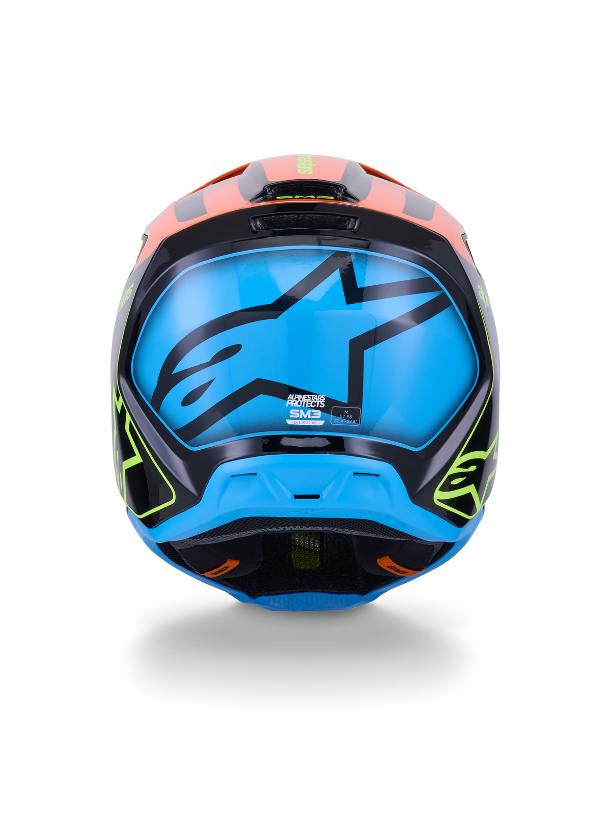 Alpinestars S-M3 Fray Helm ECE 22.06, motorcrosshelm, achteraanzicht, zwart met feloranje en neongele accenten, groot blauw paneel met een zwart Alpinestars sterlogo, off-road racebescherming