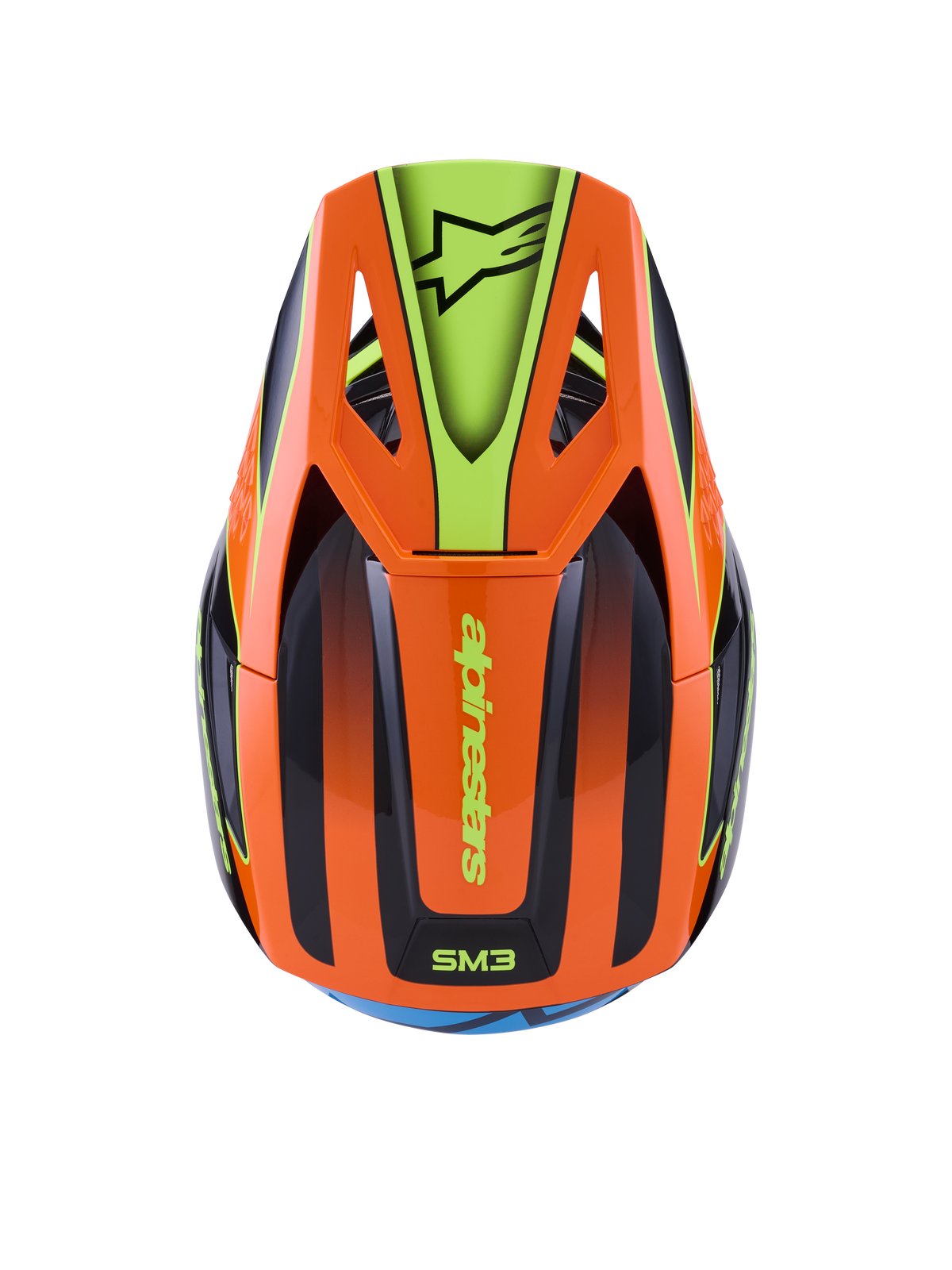 Alpinestars S-M3 Fray helm, motocross helm, oranje en fluorescerend geel met zwarte accenten, bovenaanzicht met aerodynamische schaal en klep met Alpinestars-logo, levendig grafisch ontwerp voor off-road rijden